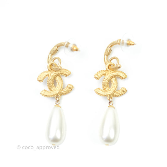 Chanel CC Crystal Pearl Drop Crystal Earrings Matte Gold Tone 20P