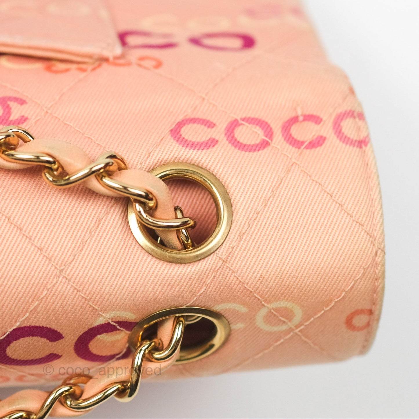 Chanel Coco Logo Medium Classic Flap Quilted Coral Pink Canvas Gold Hardware