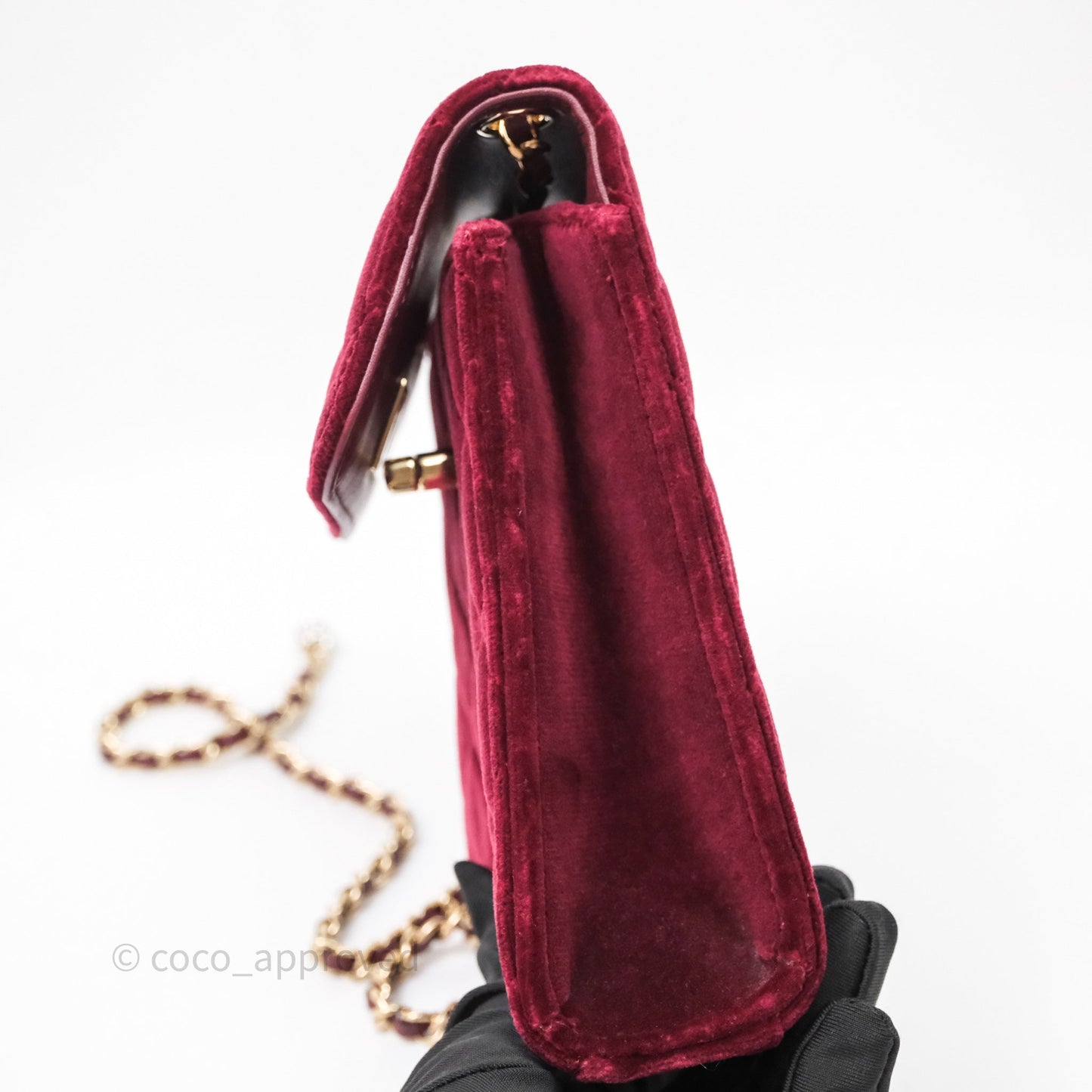 Chanel Quilted Phone Holder Crystals Pearl Crush Red Velvet Gold Hardware
