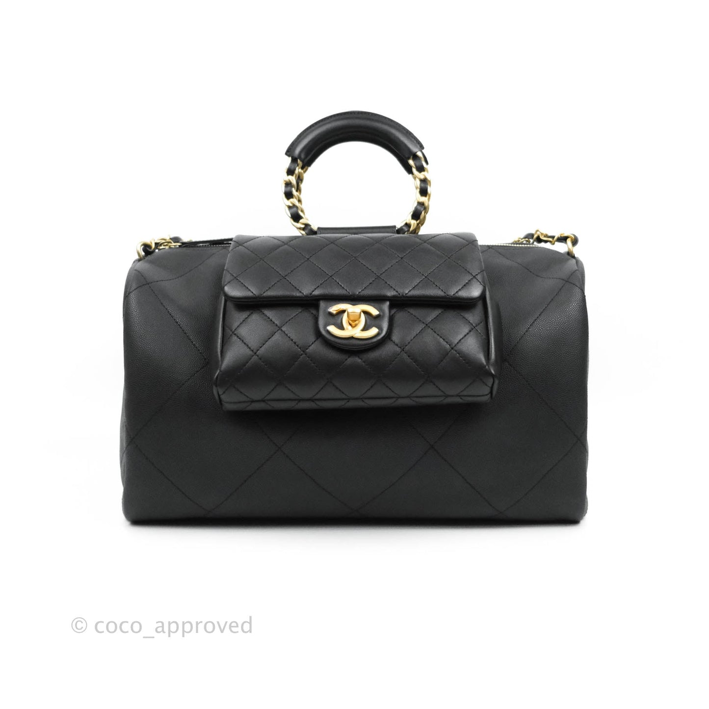 Chanel Large Circular Handle Bowling Bag Caviar Black Aged Gold Hardware