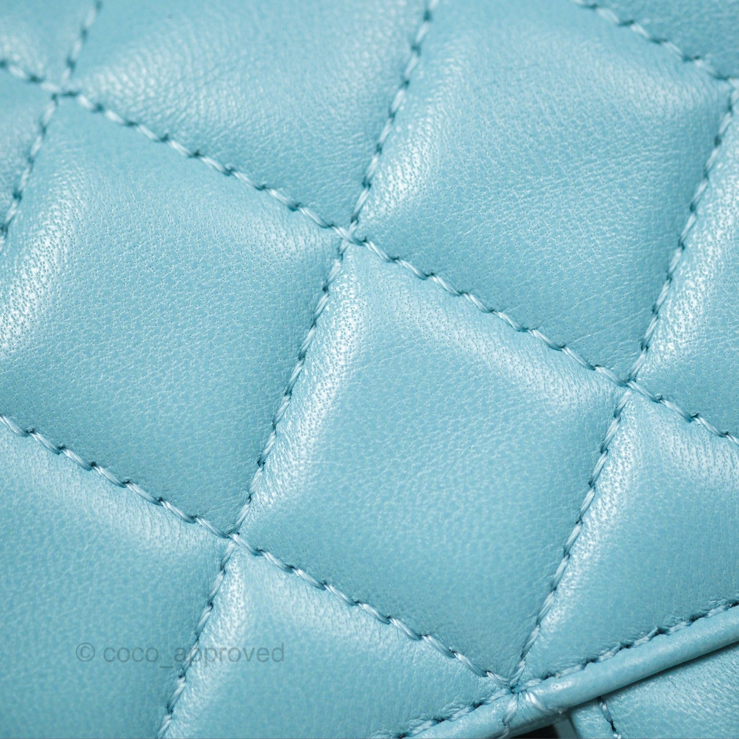 Chanel Flap Bag with Crystal Logo Top Handle Tiffany Blue Lambskin Aged Gold Hardware