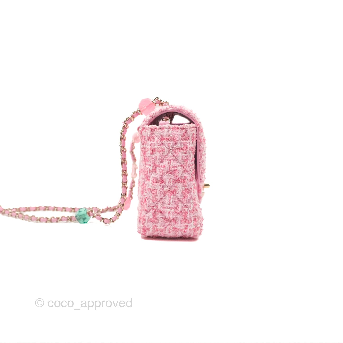 Chanel Flap Bag with Heart Resin Charm Chain Pink Tweed Gold Hardware