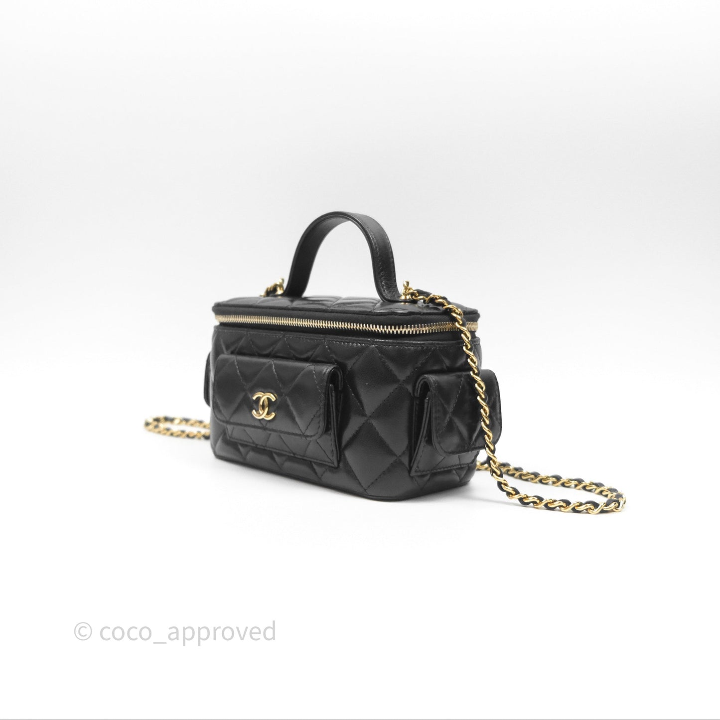 Chanel Cargo Pocket Top Handle Vanity with Chain Black Shiny Lambskin Gold Hardware 22K