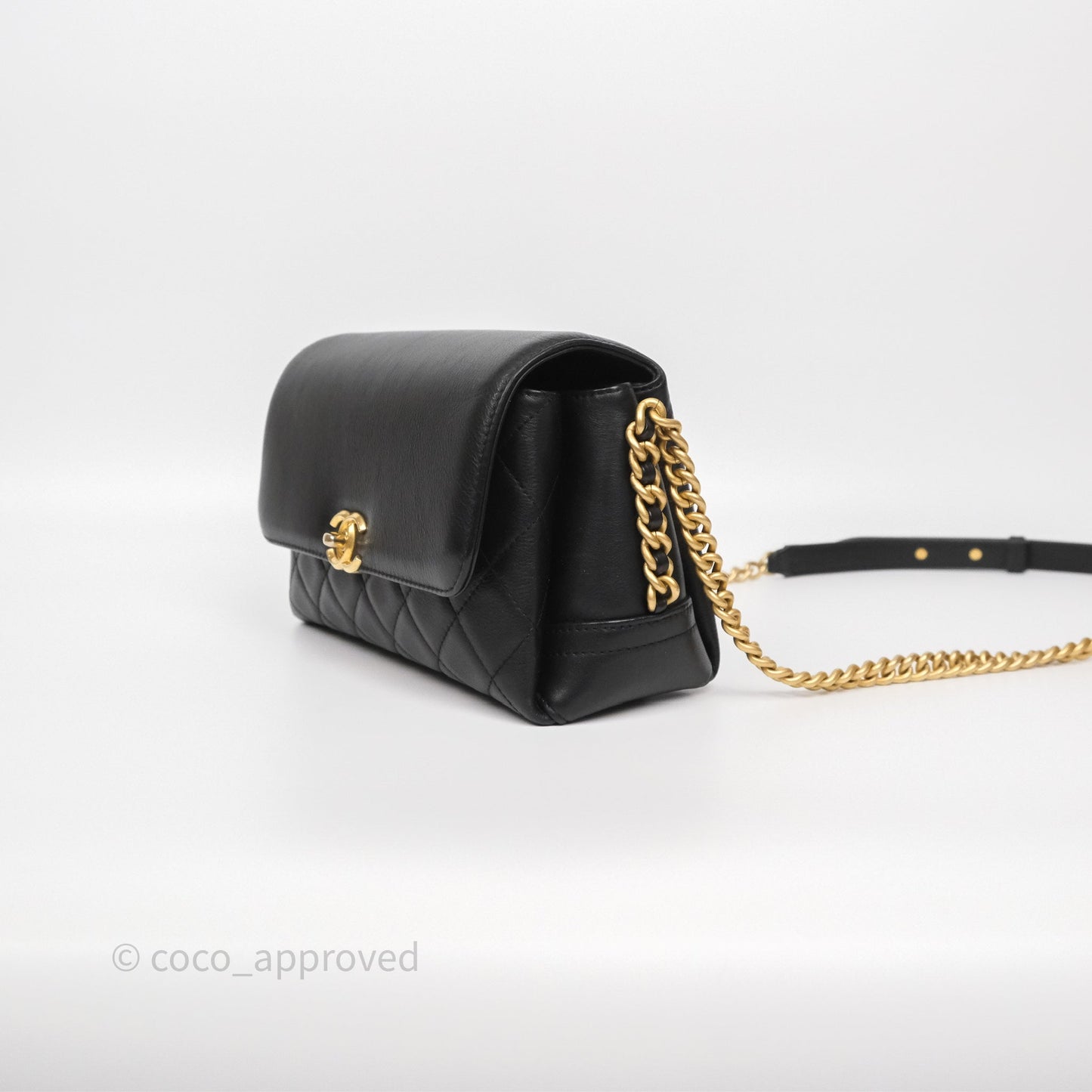Chanel Side Chain Compartment Flap Black Calfskin Aged Gold Hardware