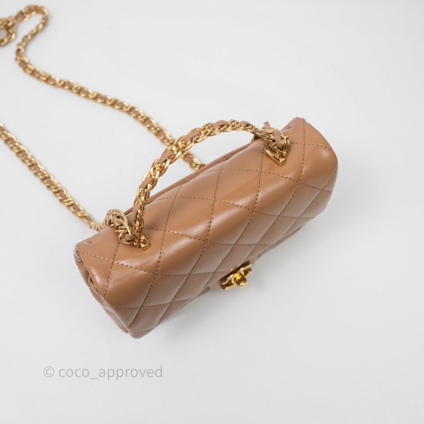 Chanel Top Handle Flap Bag Beige Lambskin Gold Hardware