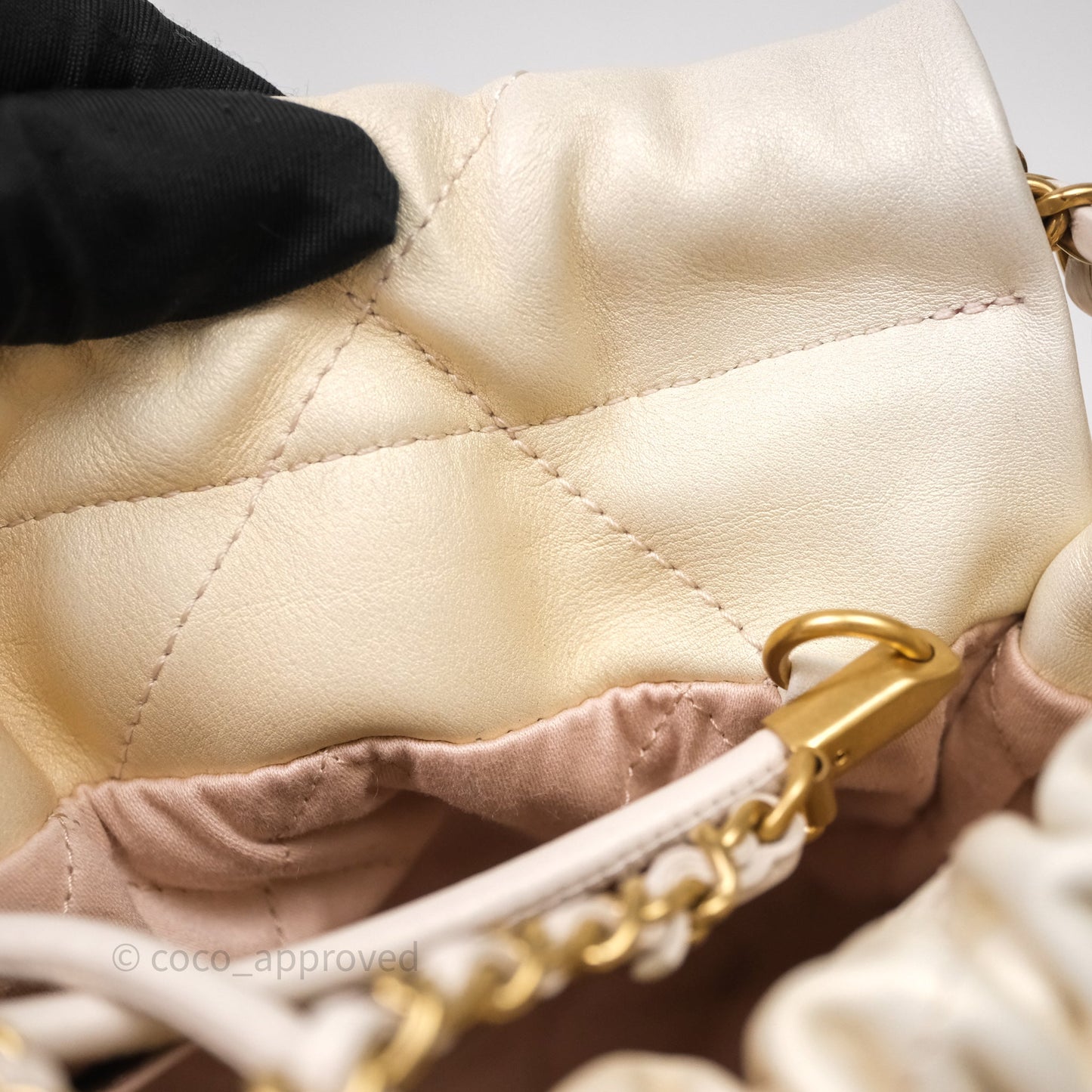 Chanel 22 Mini Bag Iridescent Light Pearly Calfskin Aged Gold Hardware