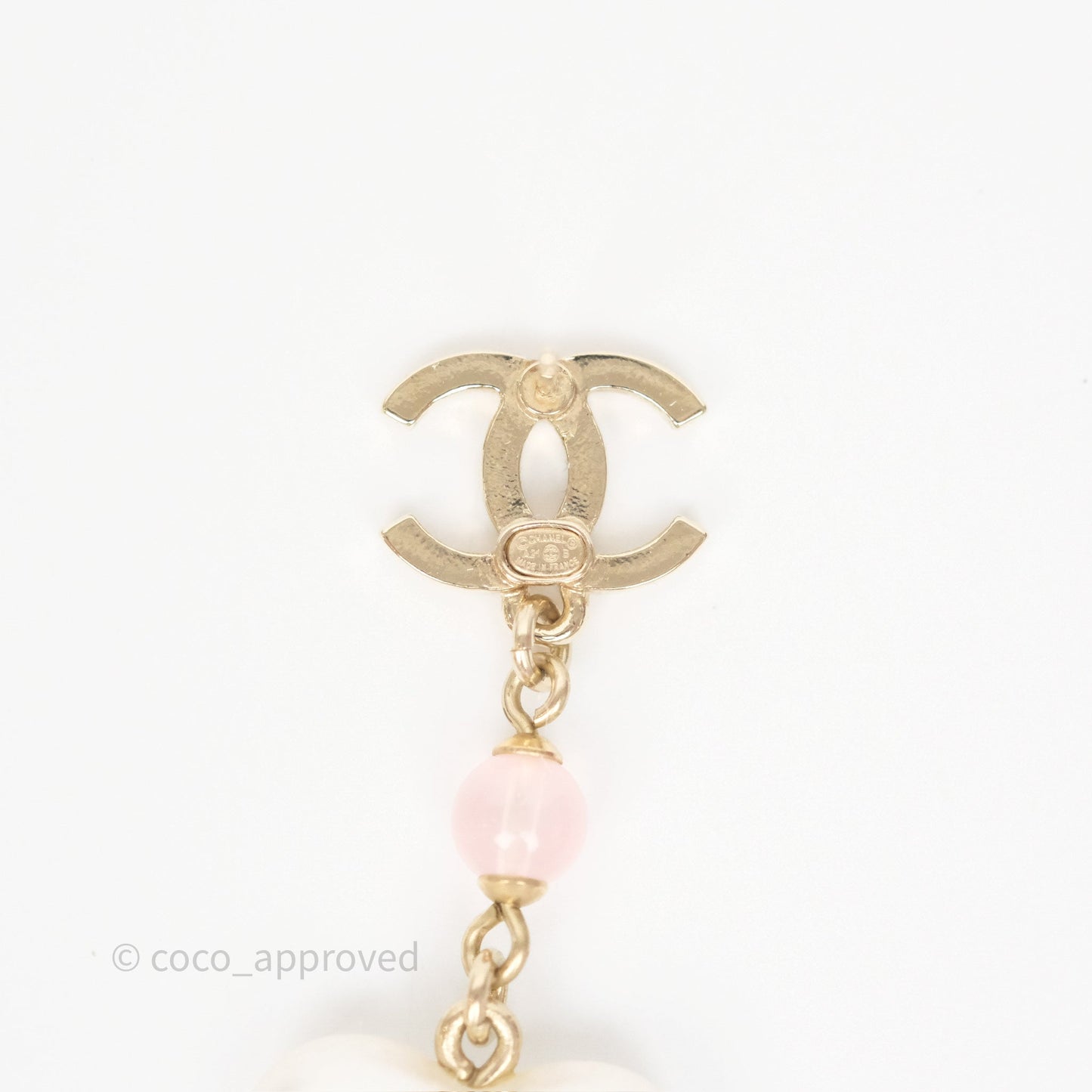 Chanel CC Pink Bead Heart Pearl Crystal CC Drop Earrings Gold Tone 21B