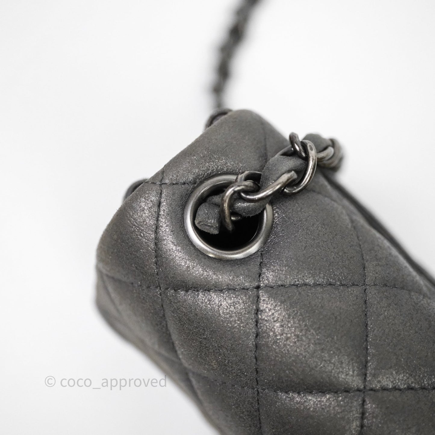 Chanel Mini Square Iridescent Grey Suede Gun Metal Hardware
