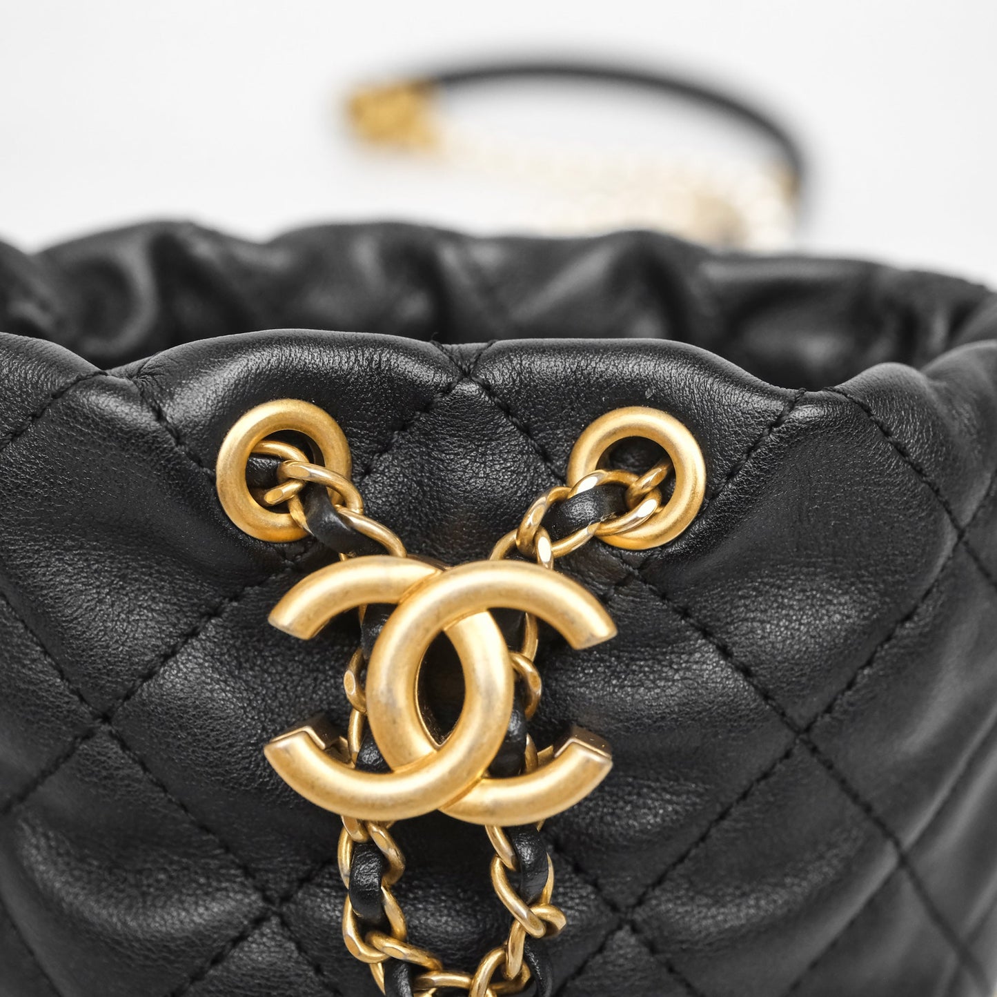 Chanel Quilted Pearl Mini About Pearls Drawstring Bucket Bag Black Calfskin