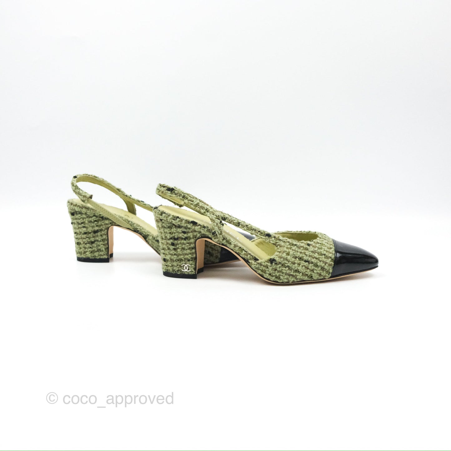 Chanel Classic Slingback Pumps Tweed Patent Green Black