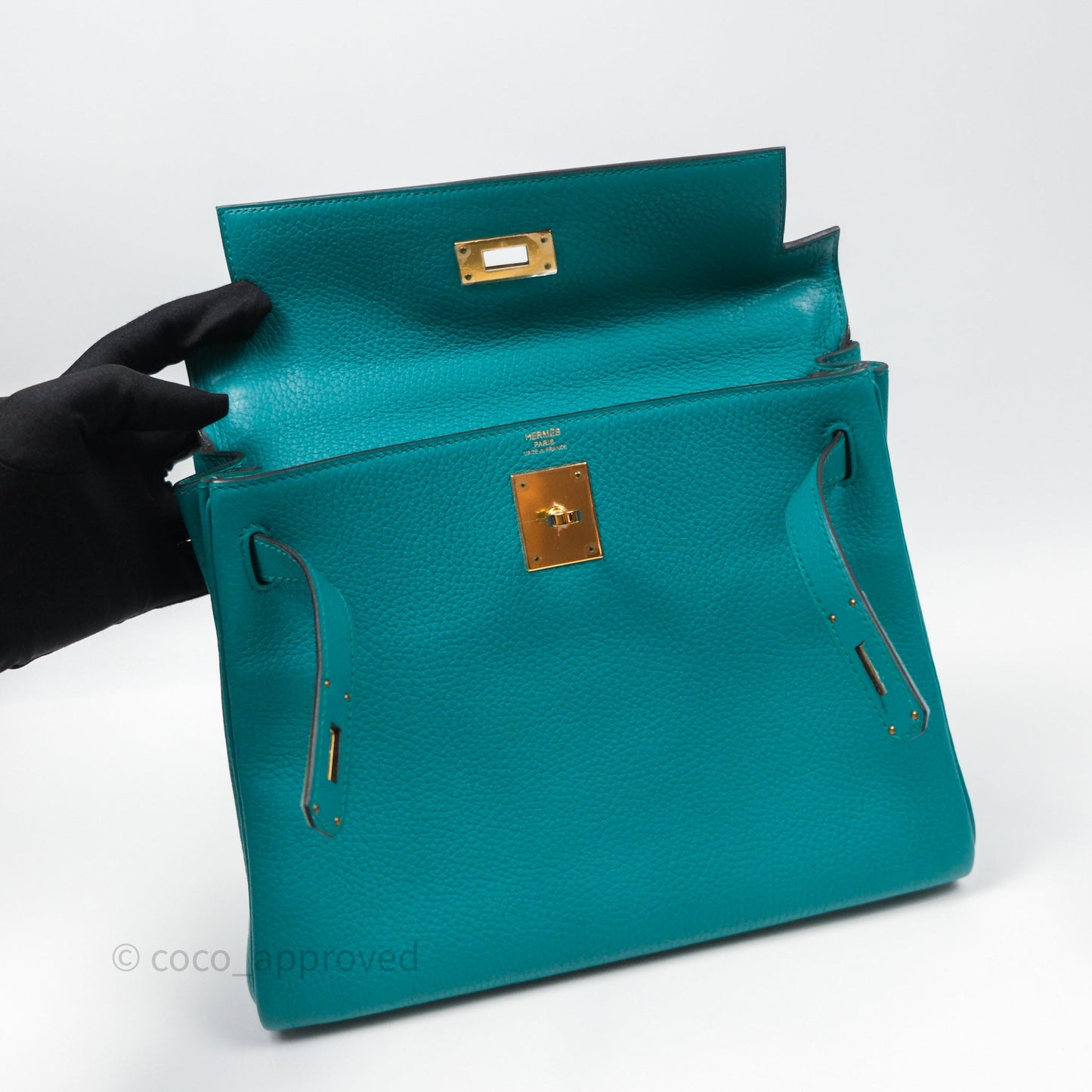 Hermès Kelly 28 Retourne Bleu Paon 7F Clemence Gold Hardware