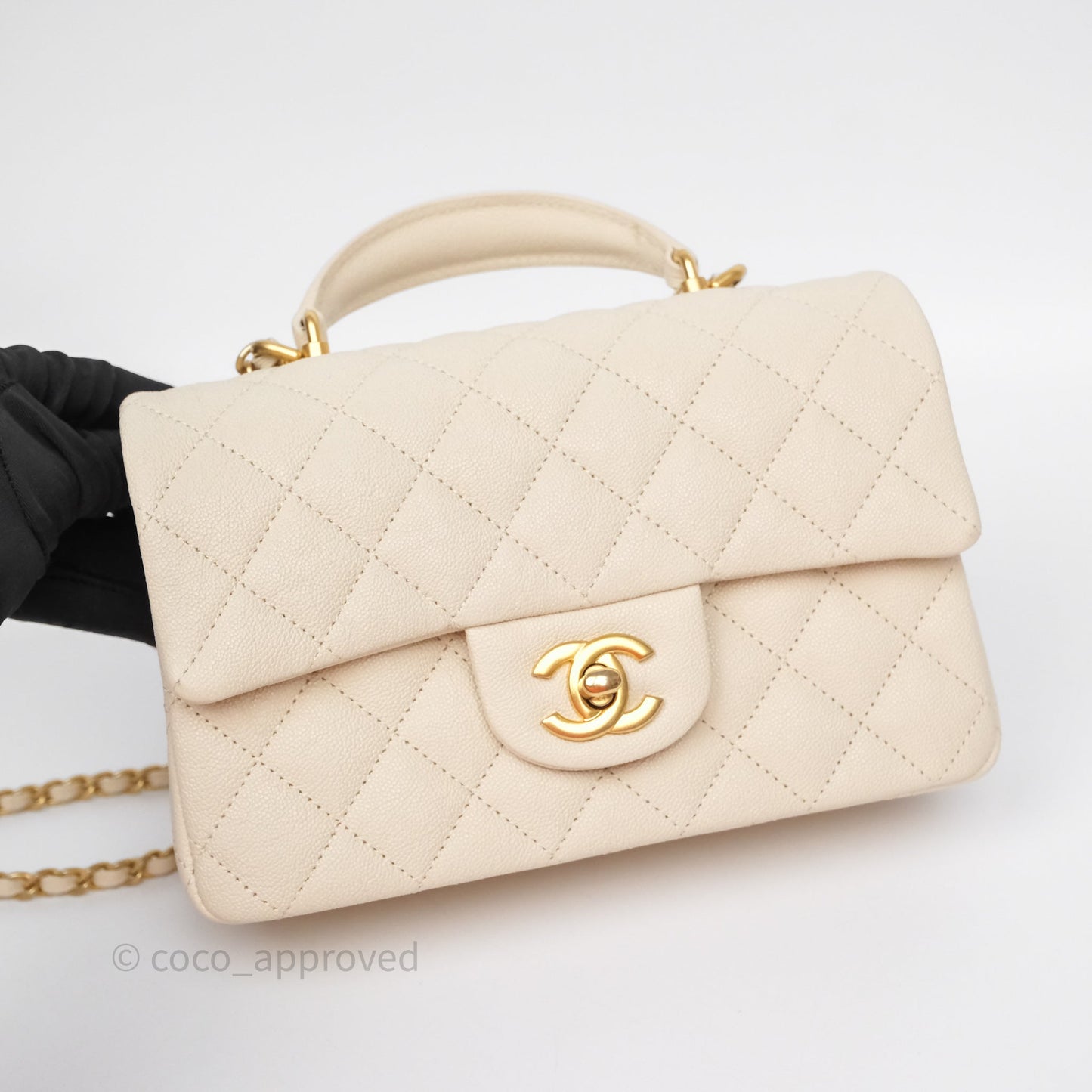 Chanel Top Handle Mini Rectangular Flap Bag Ivory Beige Caviar Gold Hardware