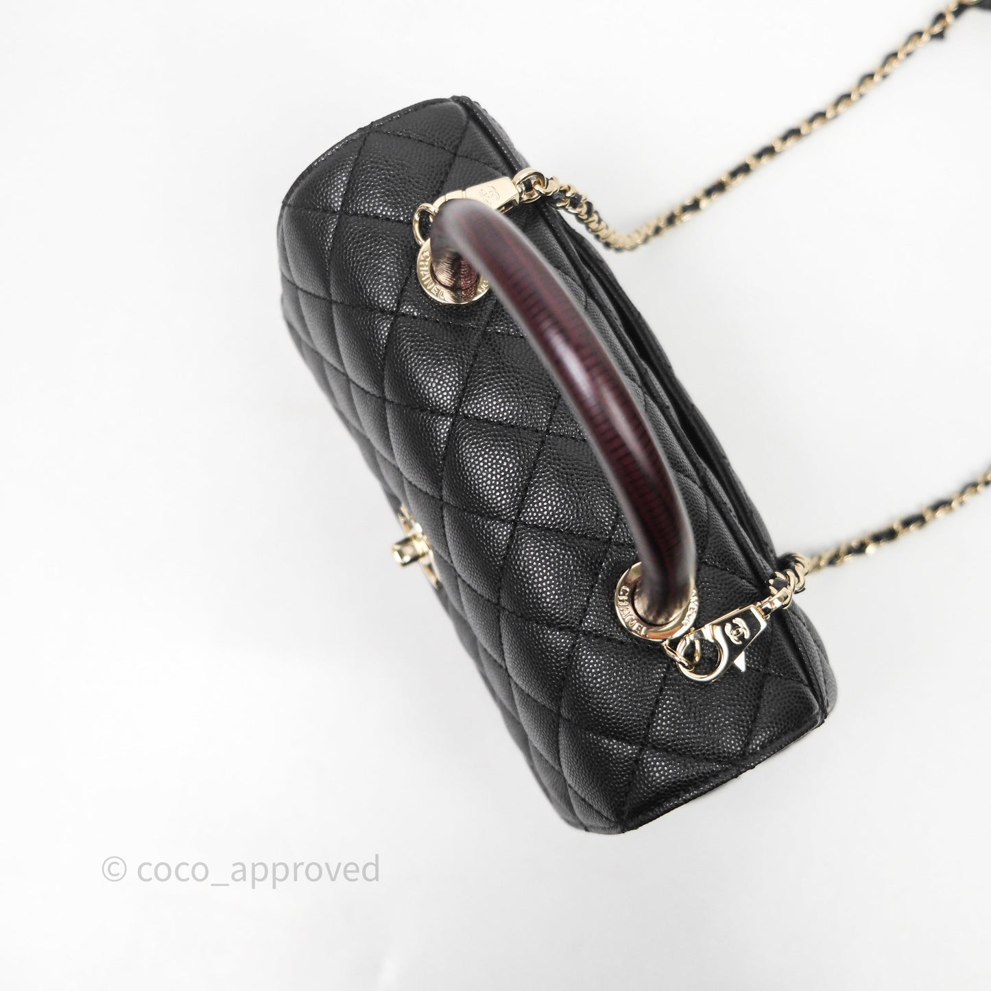 Chanel Mini Coco Handle Quilted Black Caviar Light Gold Hardware Lizard Embossed Handle