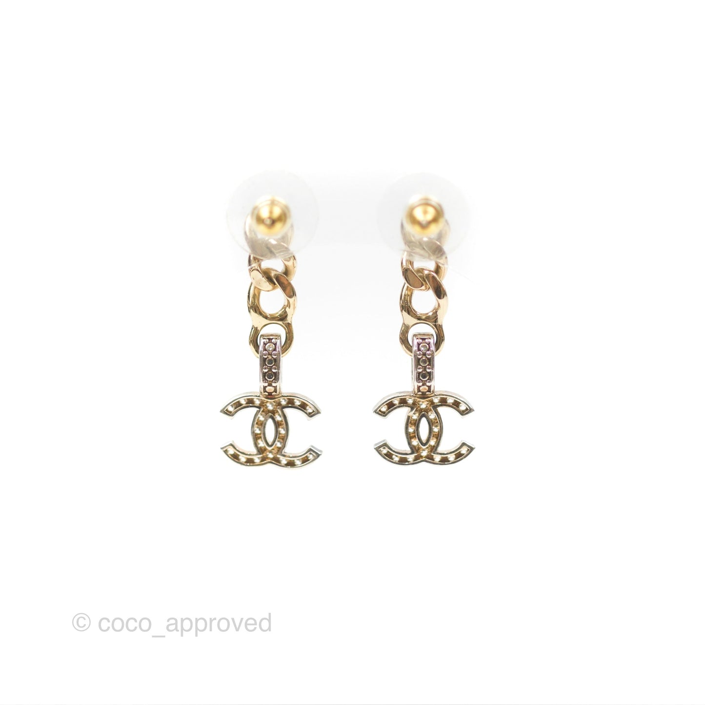 Chanel Chain CC Crystal Drop Earrings Gold & Silver Tone 22S