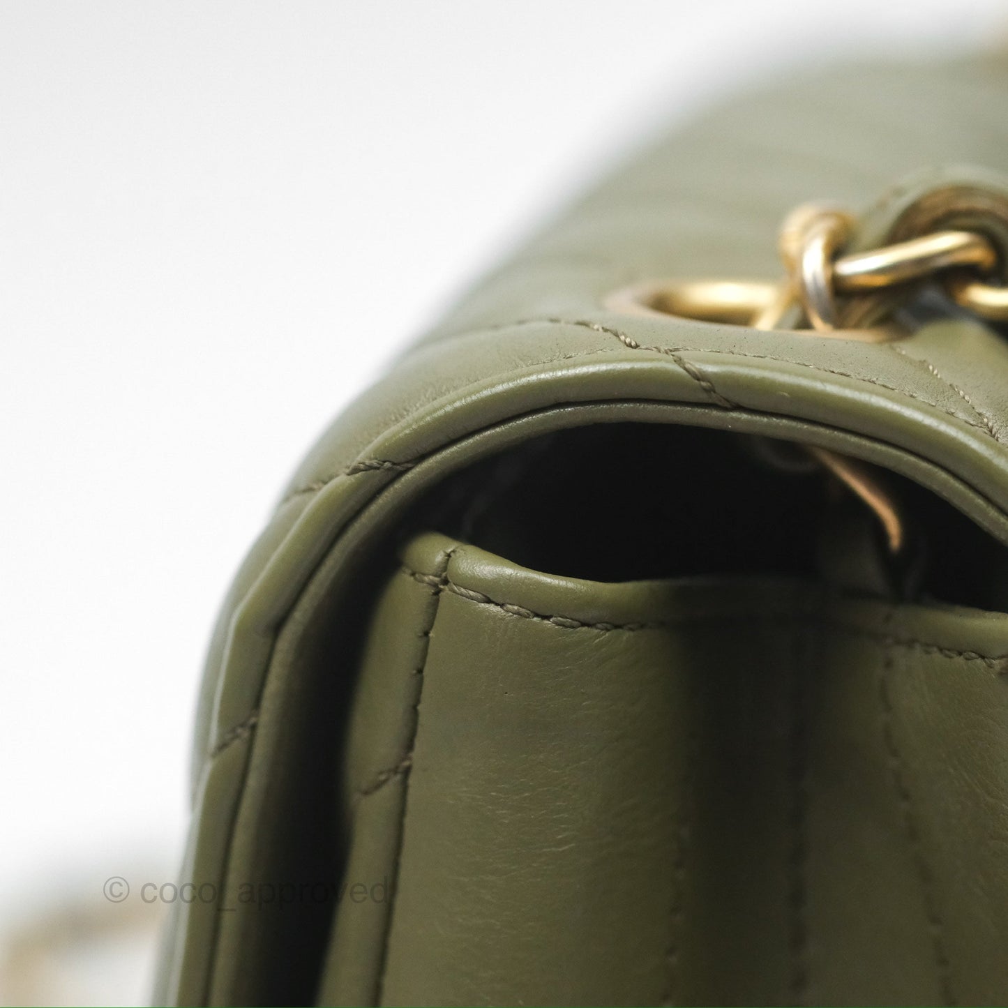 Chanel Mini Square Flap Chevron Olive Green Calfskin Gold Hardware