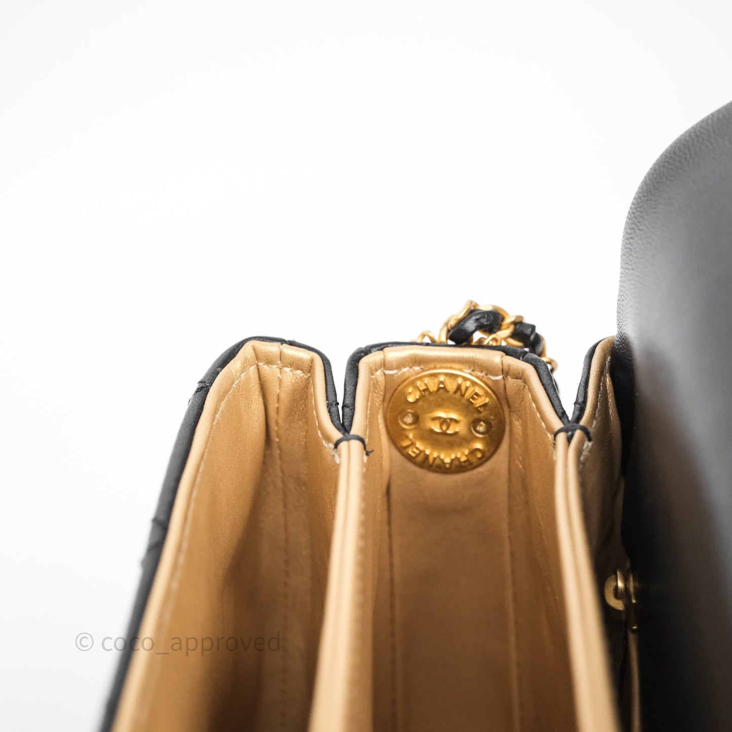 Chanel Quilted Accordion Flap Bag with Button on Chain Black Lambskin Aged Gold Hardware 22A