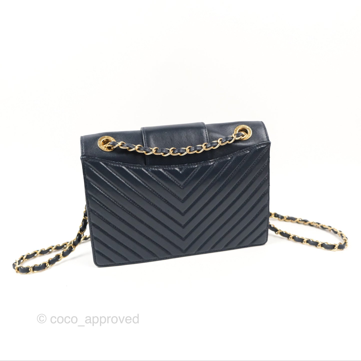 Chanel Mini Collar and Tie Flap Bag Chevron Navy Sheepskin Aged Gold Hardware
