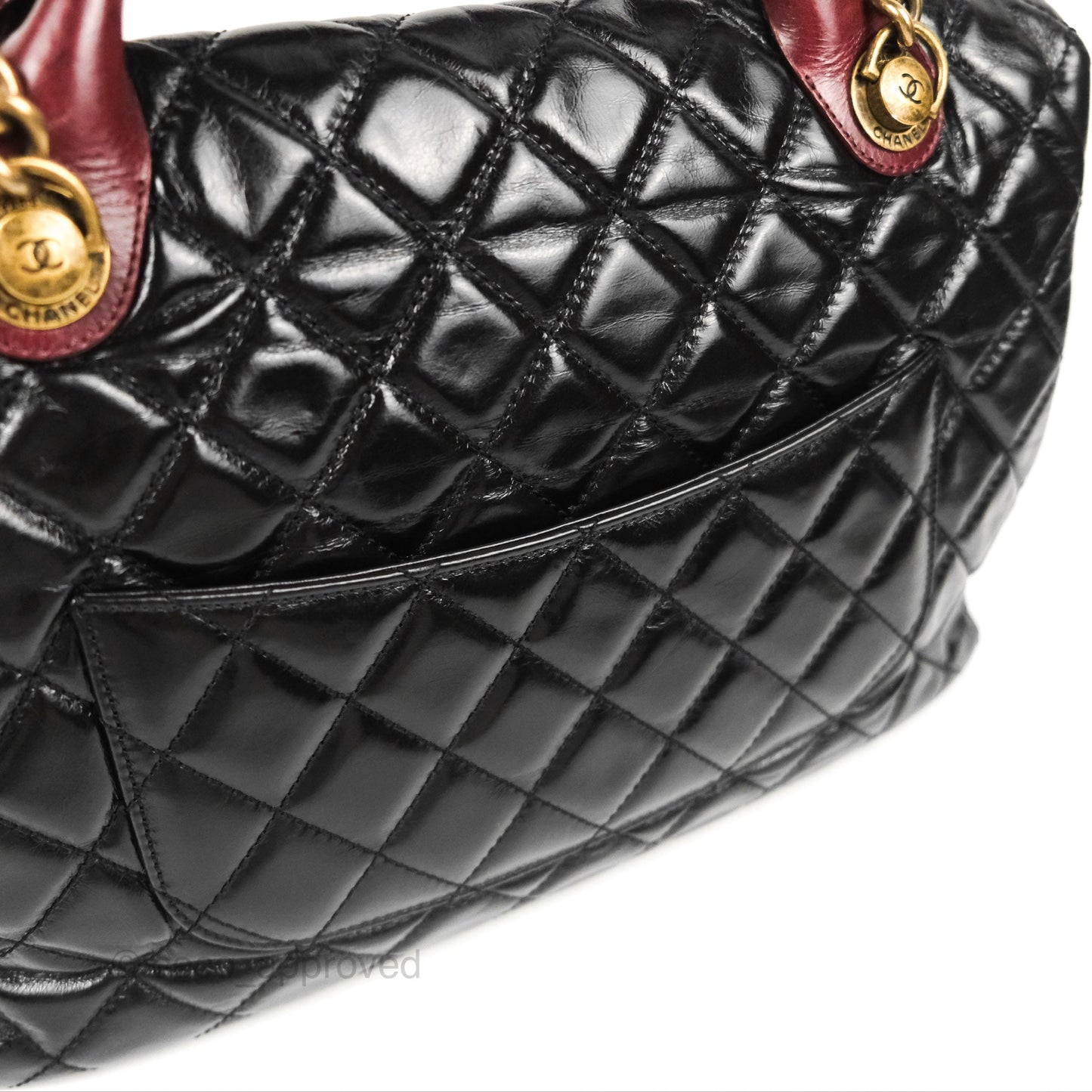 Chanel Large Castle Rock Flap Bag Black Glazed Aged Calfskin Burgundy Handle