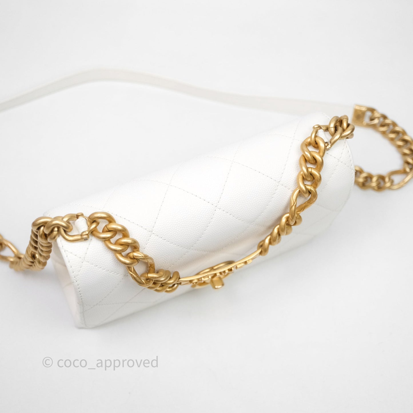 Chanel Bracelet On Chain Small Flap Bag White Caviar Aged Gold Hardware