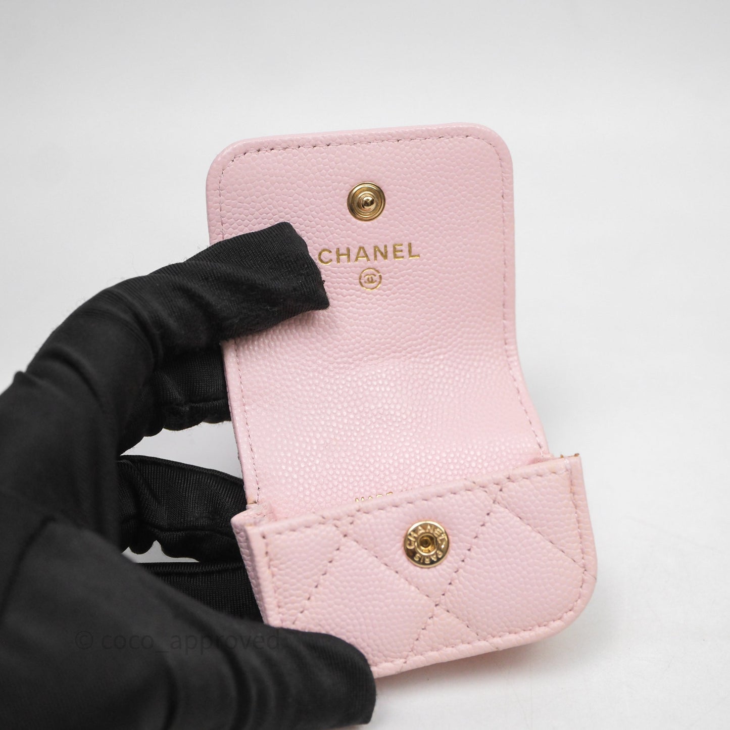 Chanel Quilted Crystal CC Pink Caviar Airpods Phone Case With Chain Light Gold Hardware