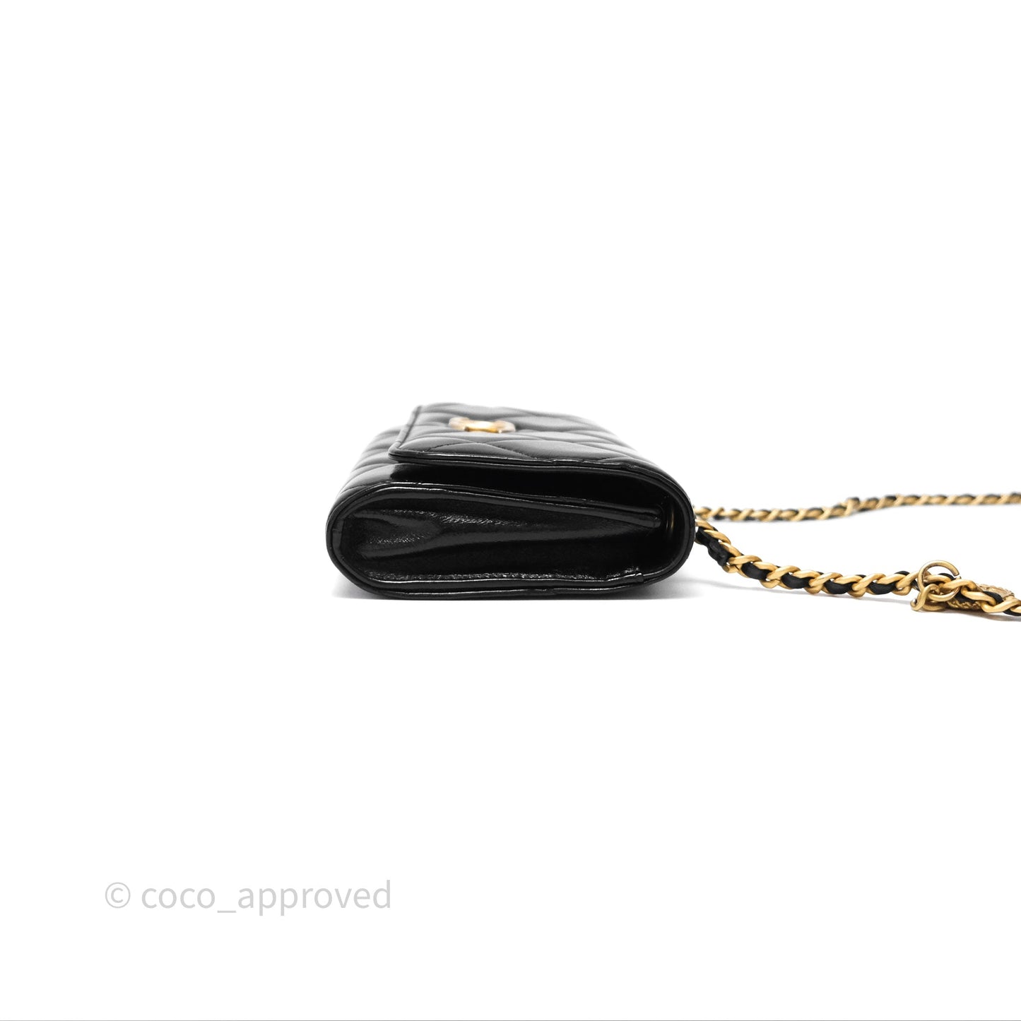 Chanel Quilted Medallion Wallet on Chain WOC Black Glossy Lambskin Gold Hardware 22K