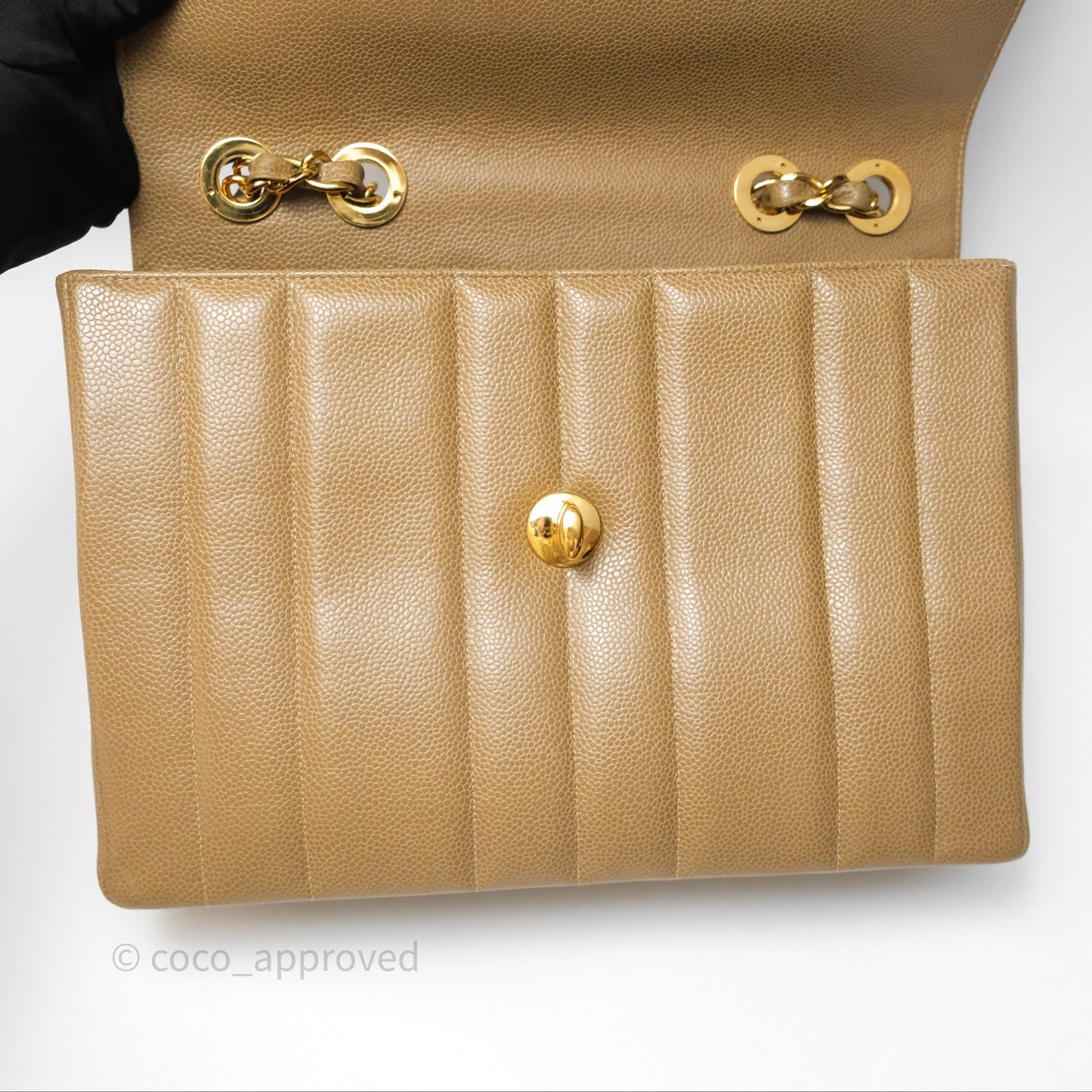 Chanel Vintage Vertical Quilted Jumbo Single Flap Beige Caviar 24K Gold Hardware