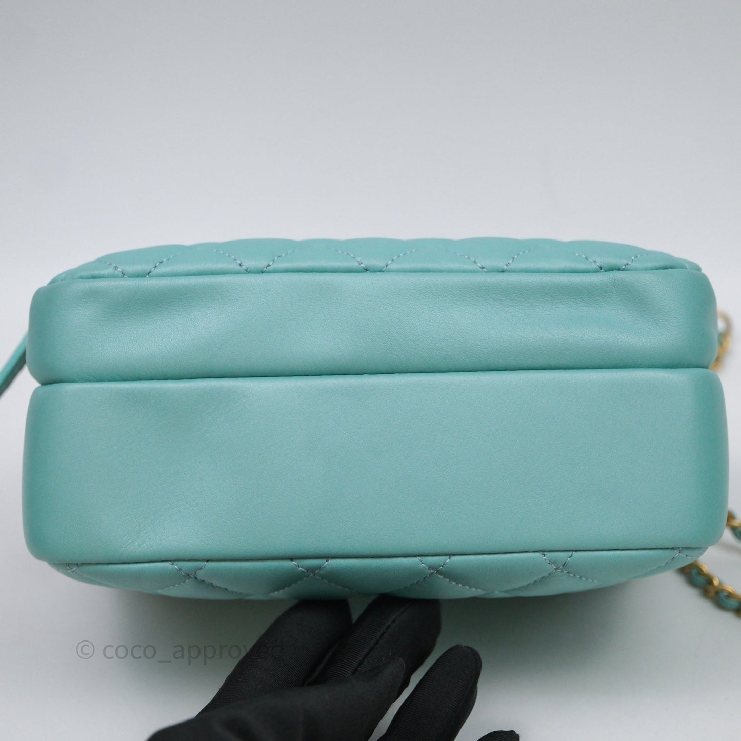 Chanel Camera Bag Quilted Pearly Turquoise Lambskin Aged Gold Hardware