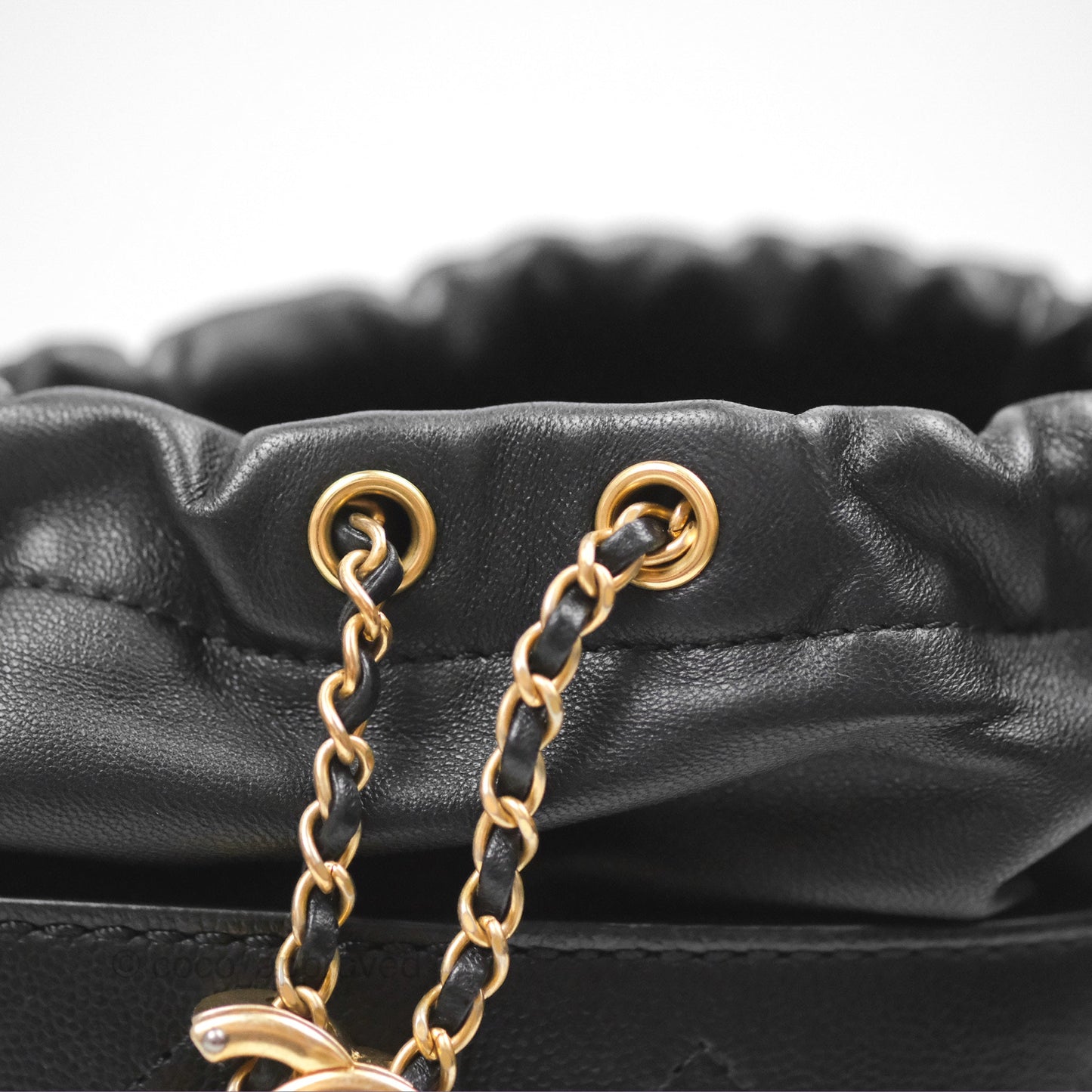 Chanel Drawstring Bucket Bag Quilted Black Caviar Aged Gold Hardware