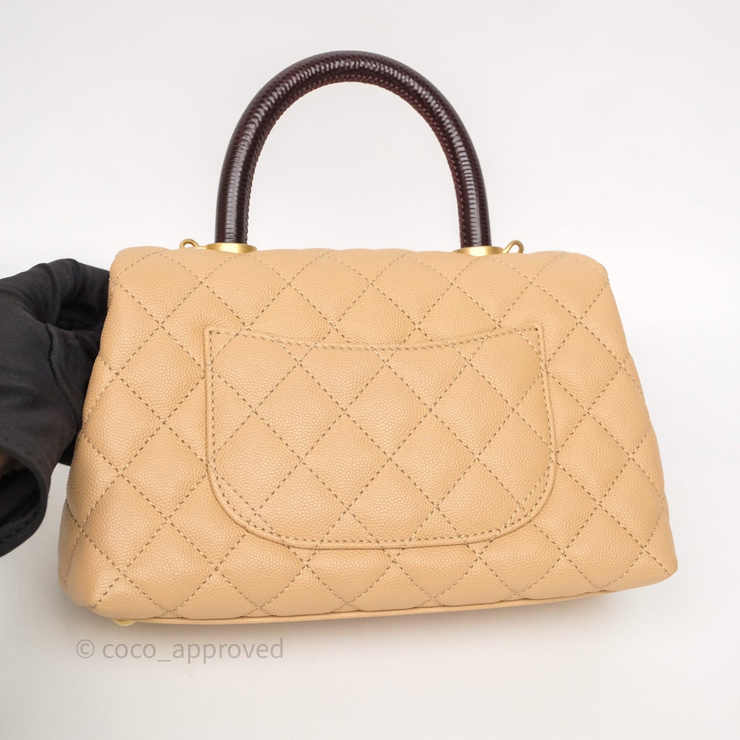 Chanel Small Coco Handle Quilted Beige Caviar Gold Hardware Lizard Handle