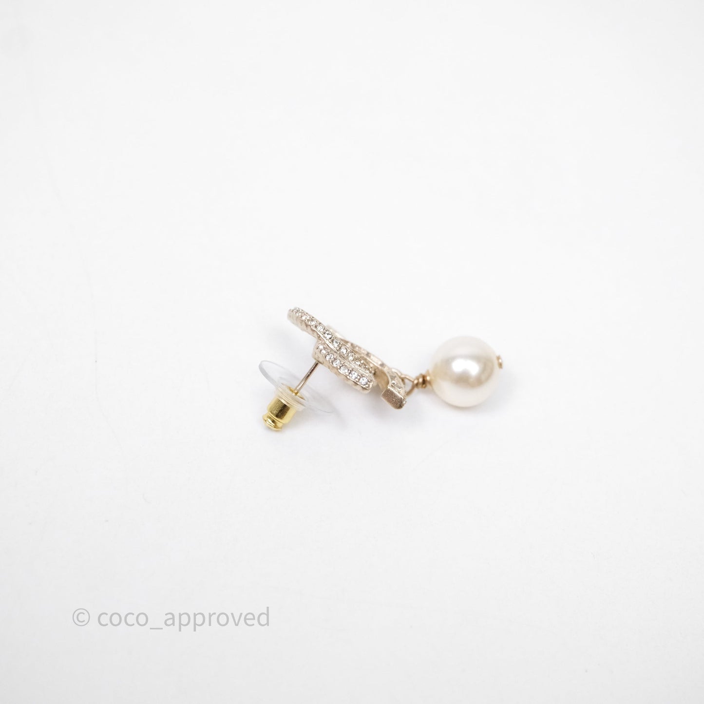 Chanel Crystal CC Pearl Drop Earrings Gold Tone 24V