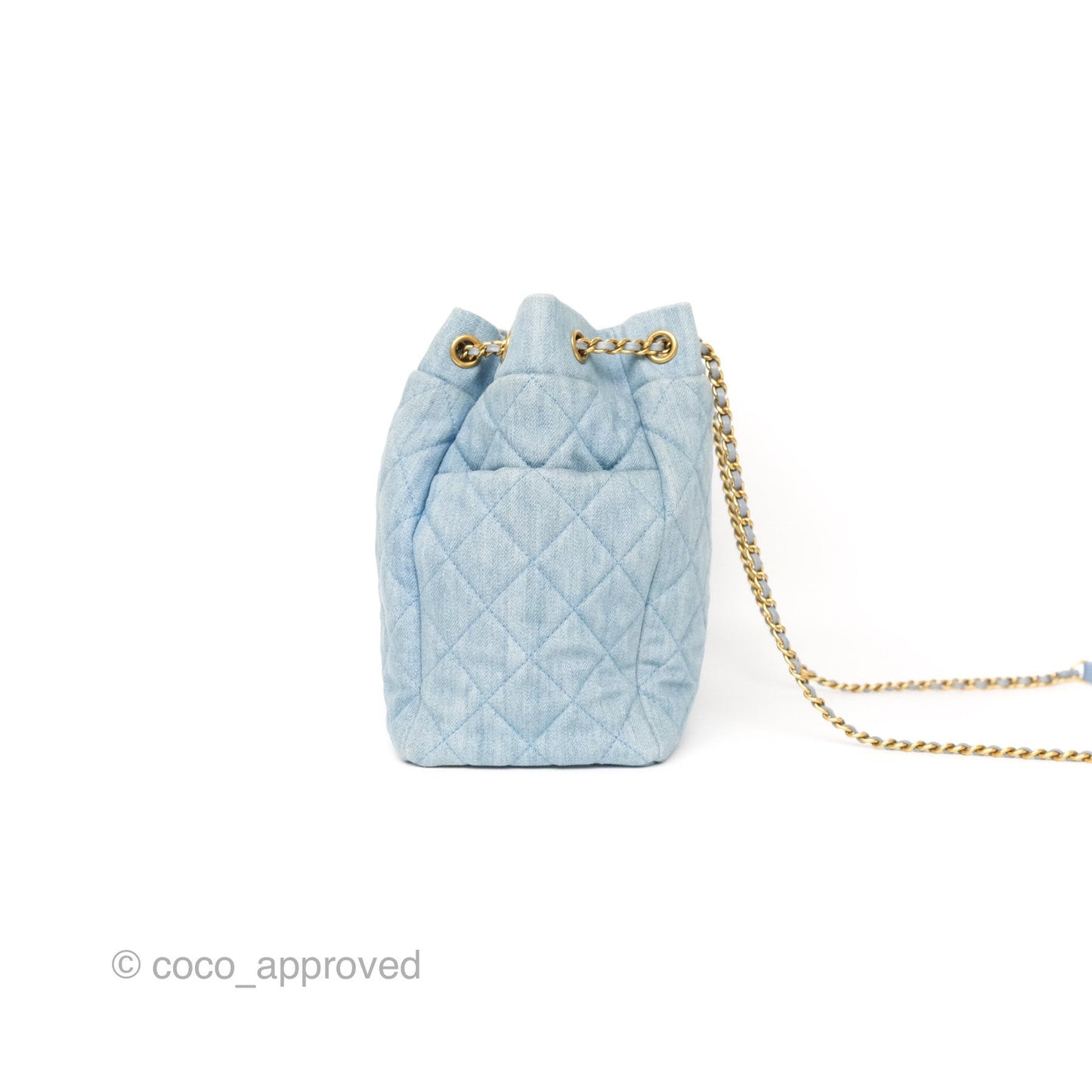 Chanel Drawstring Bucket Bag Denim Blue Aged Gold Hardware
