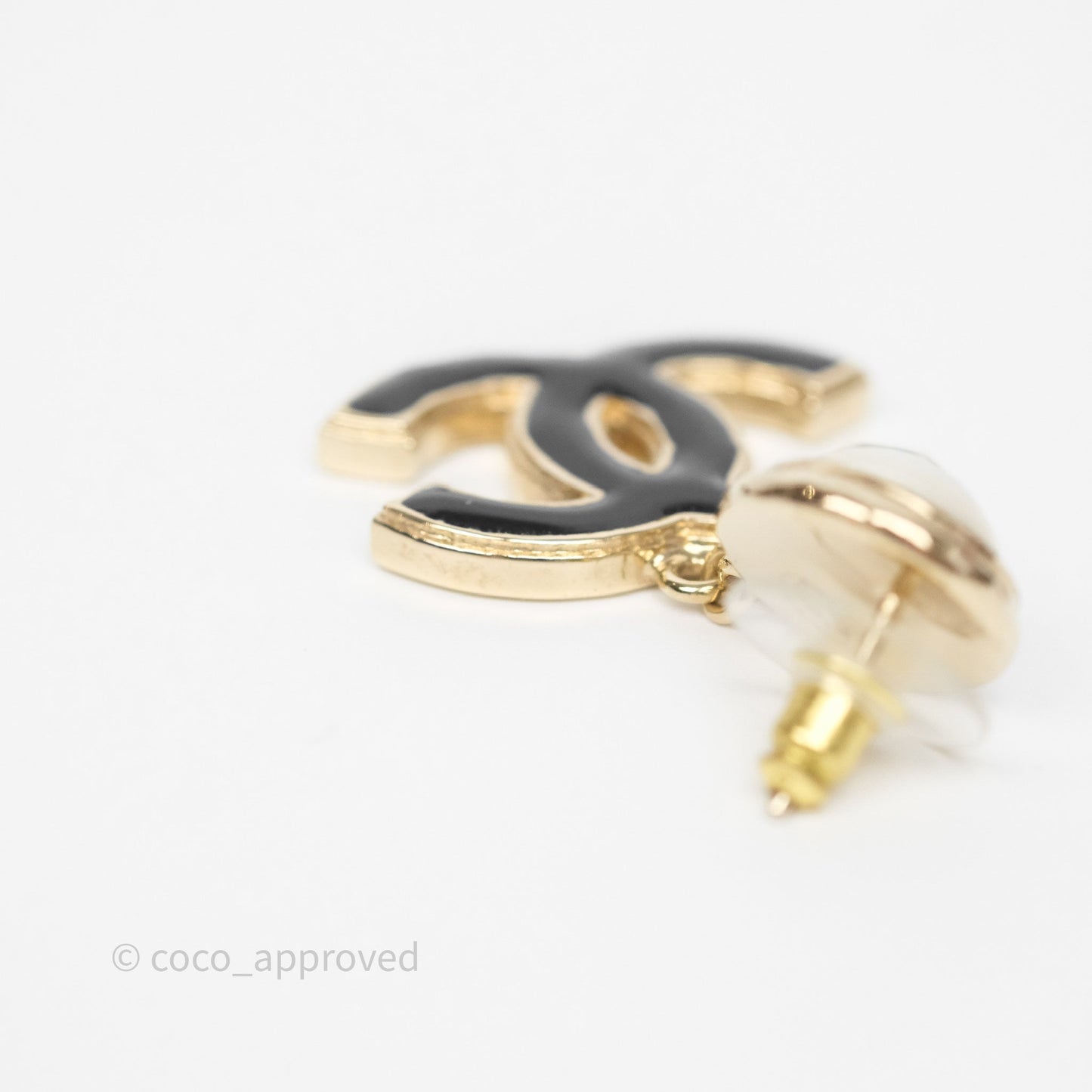 Chanel Round Pearl CC Black Resin Drop Earrings Gold Tone 22A