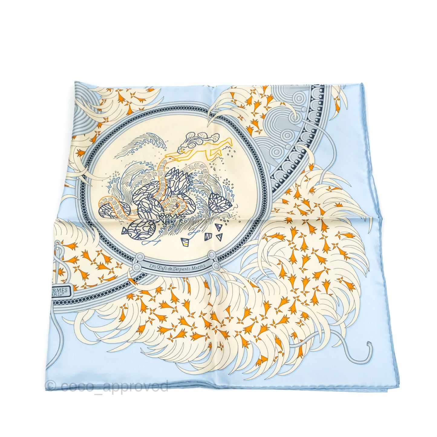 Hermès Legende Brodee Scarf 90 Bleu Ciel/ Creme/ Marine