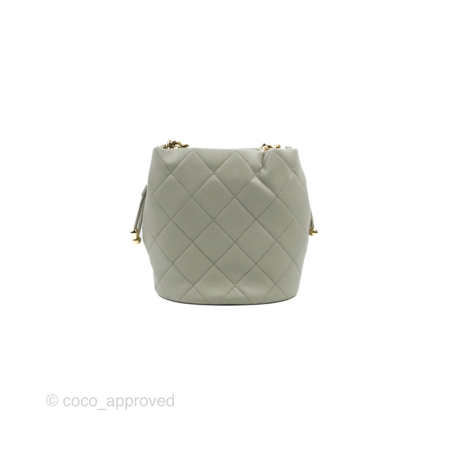 Chanel Quilted Drawstring Bucket Bag Grey Lambskin Gold Hardware 22C
