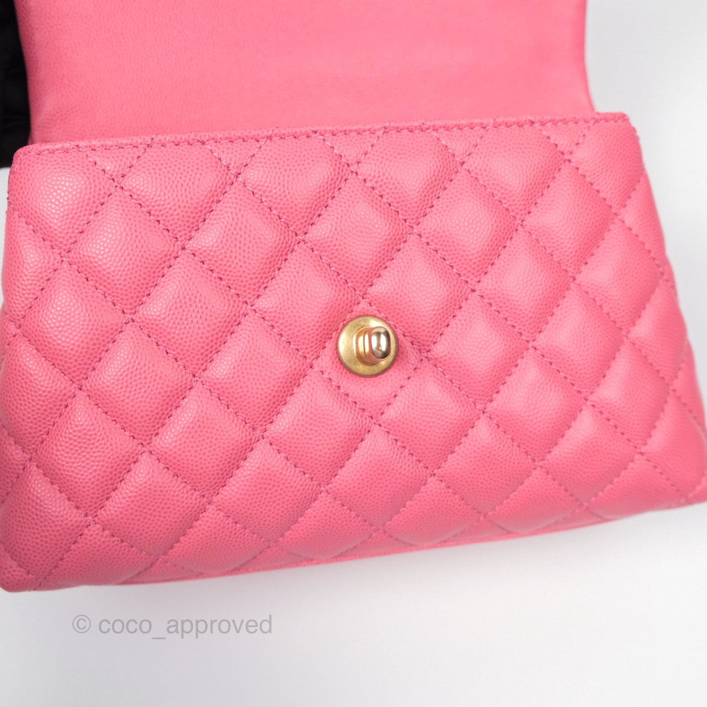 Chanel Small Coco Handle Quilted Pink Caviar Aged Gold Hardware Lizard Handle