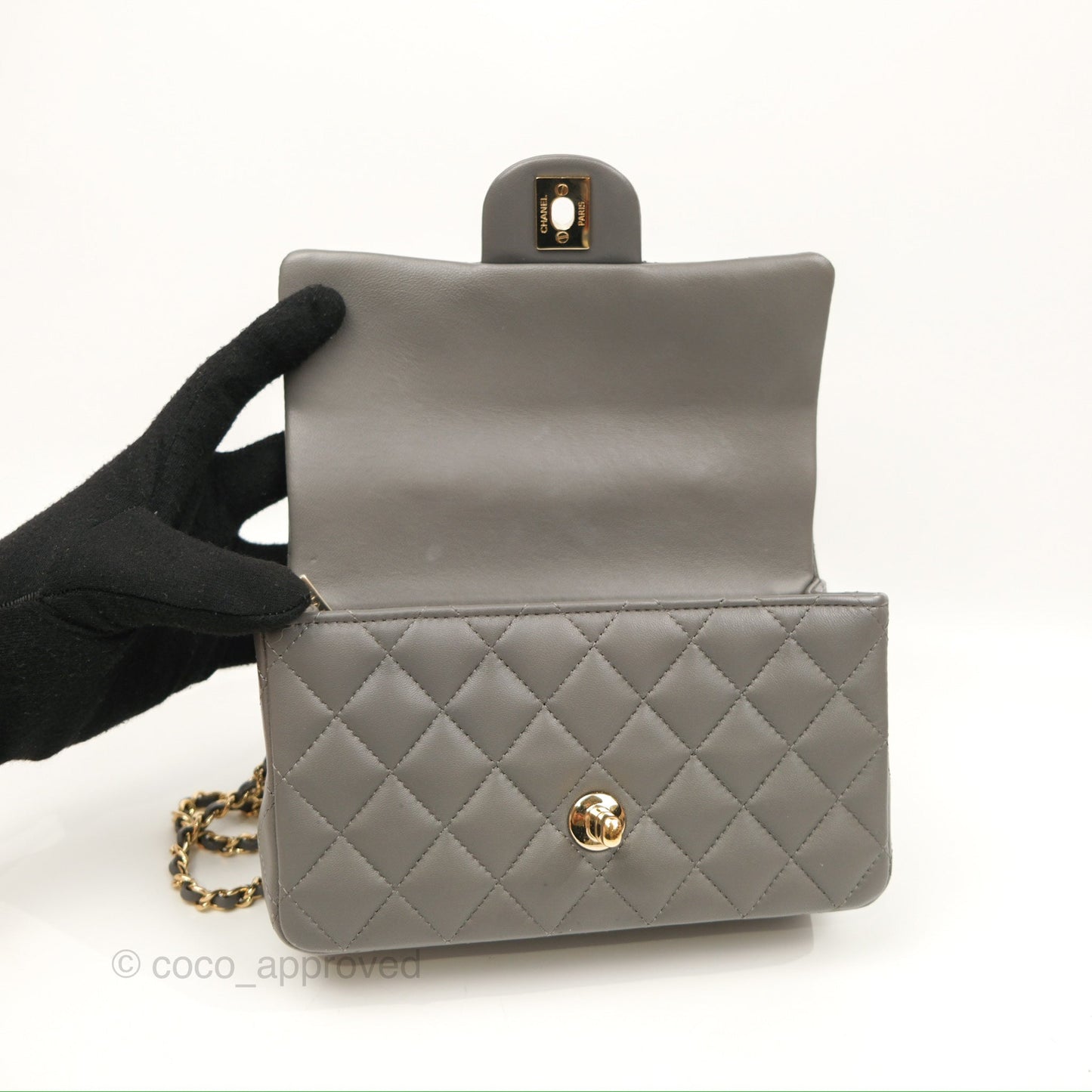 Chanel Top Handle Mini Rectangular Flap Bag Grey Lambskin Gold Hardware