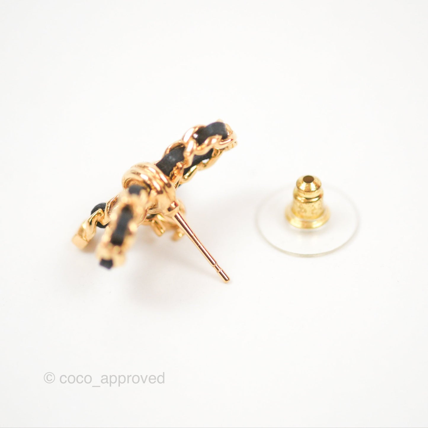 Chanel Woven Ribbon Bow Black Earrings Gold Tone 23V