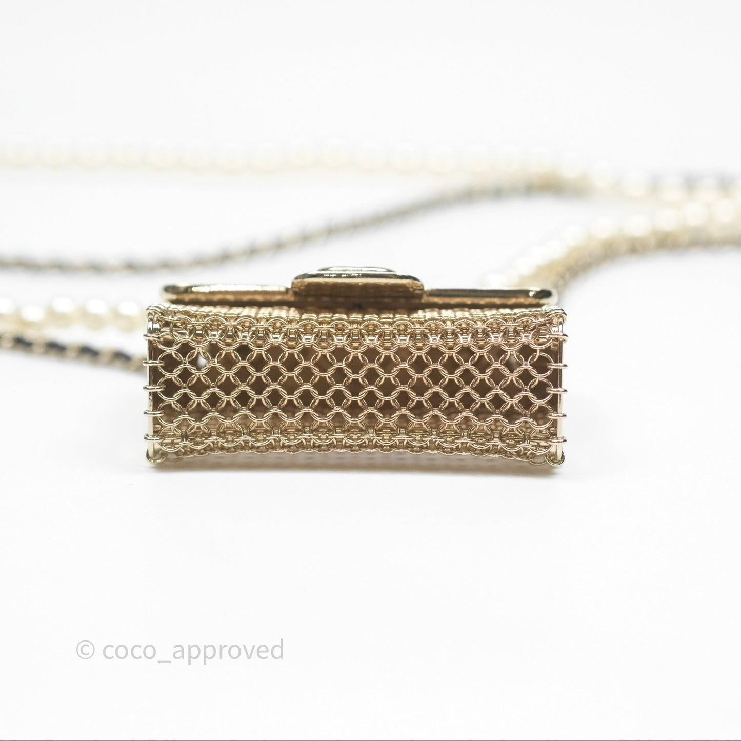 Chanel Flap Bag Charm Pearl Chain Black Leather Long Necklace Gold Tone 21S
