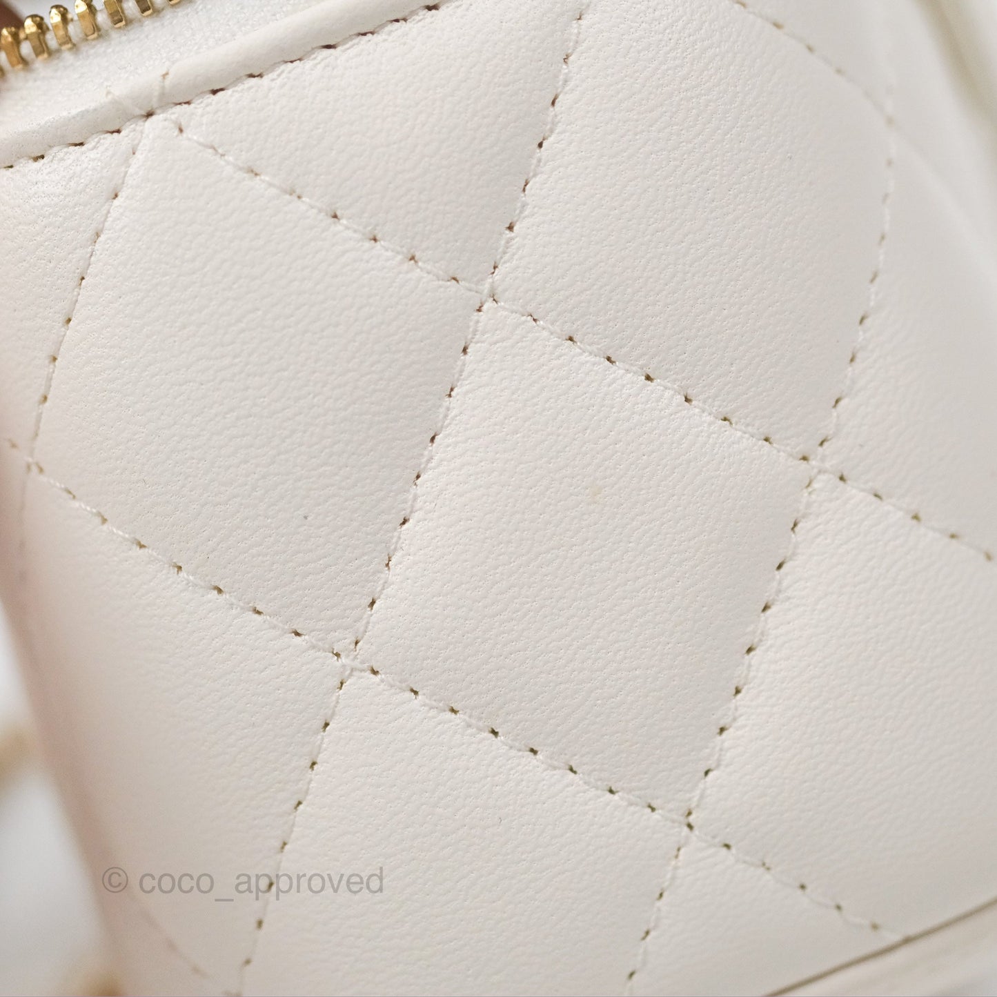 Chanel Camellia White Quilted Lambskin Mini Vanity with Chain Gold Hardware