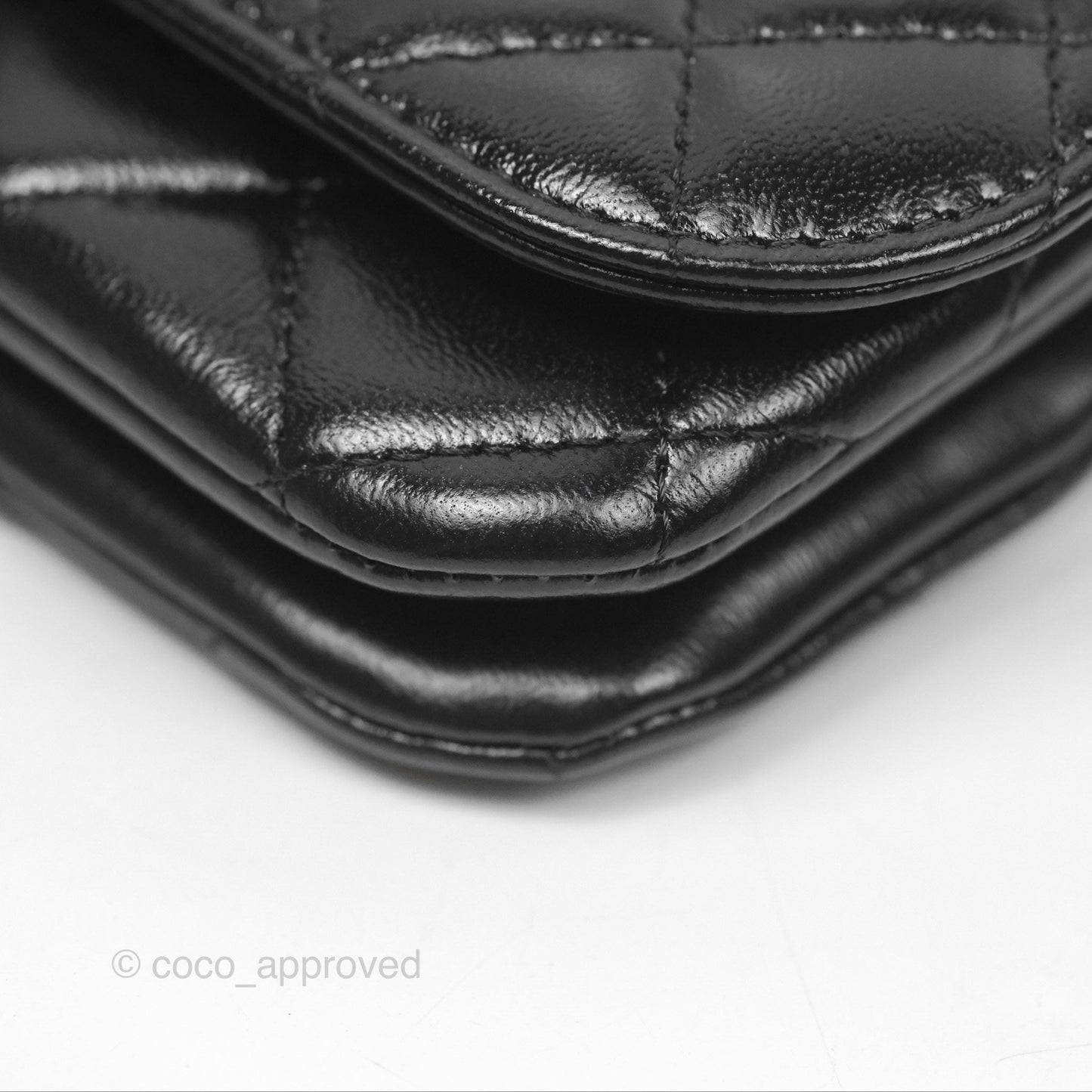 Chanel Flap Phone Holder With Chain Quilted Black Shiny Lambskin