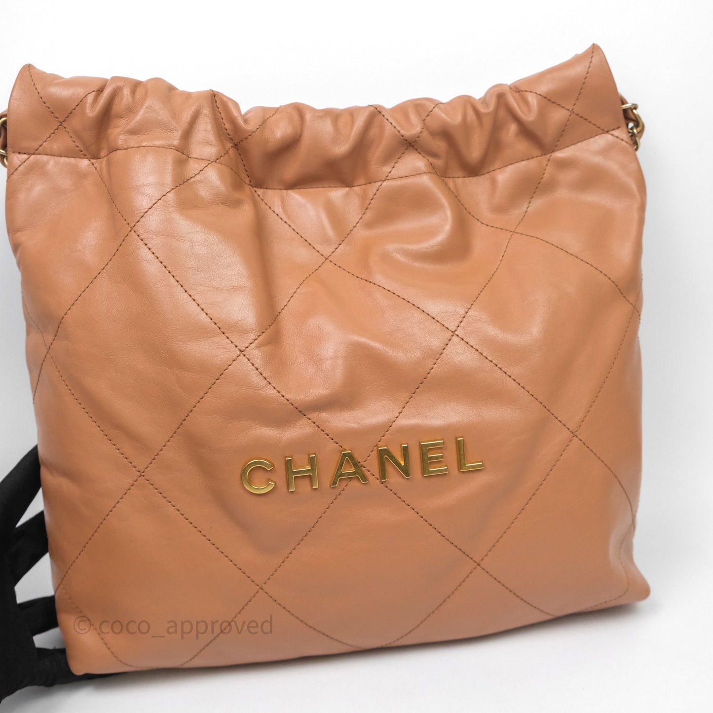 Chanel 22 Small Caramel Beige Shiny Calfskin Aged Gold Hardware