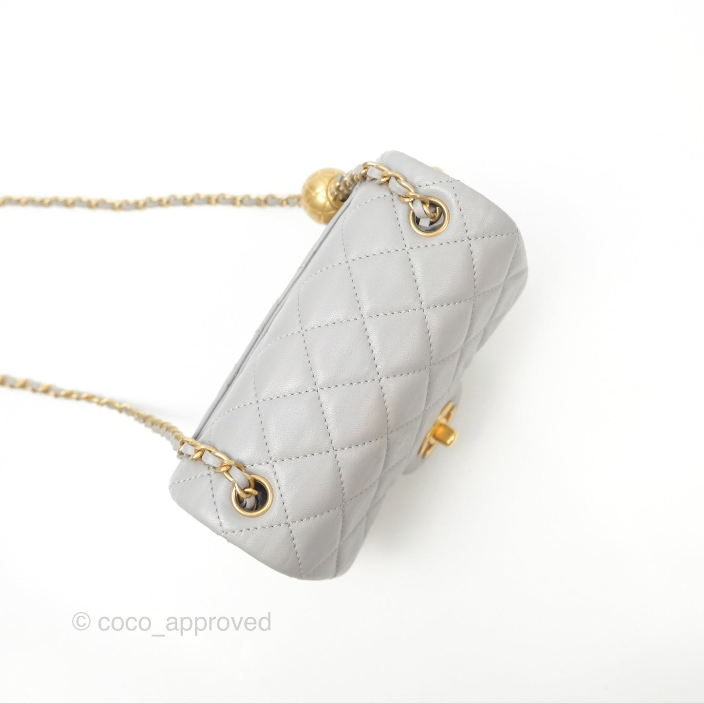 Chanel Pearl Crush Mini Square Quilted Light Grey Lambskin Aged Gold Hardware