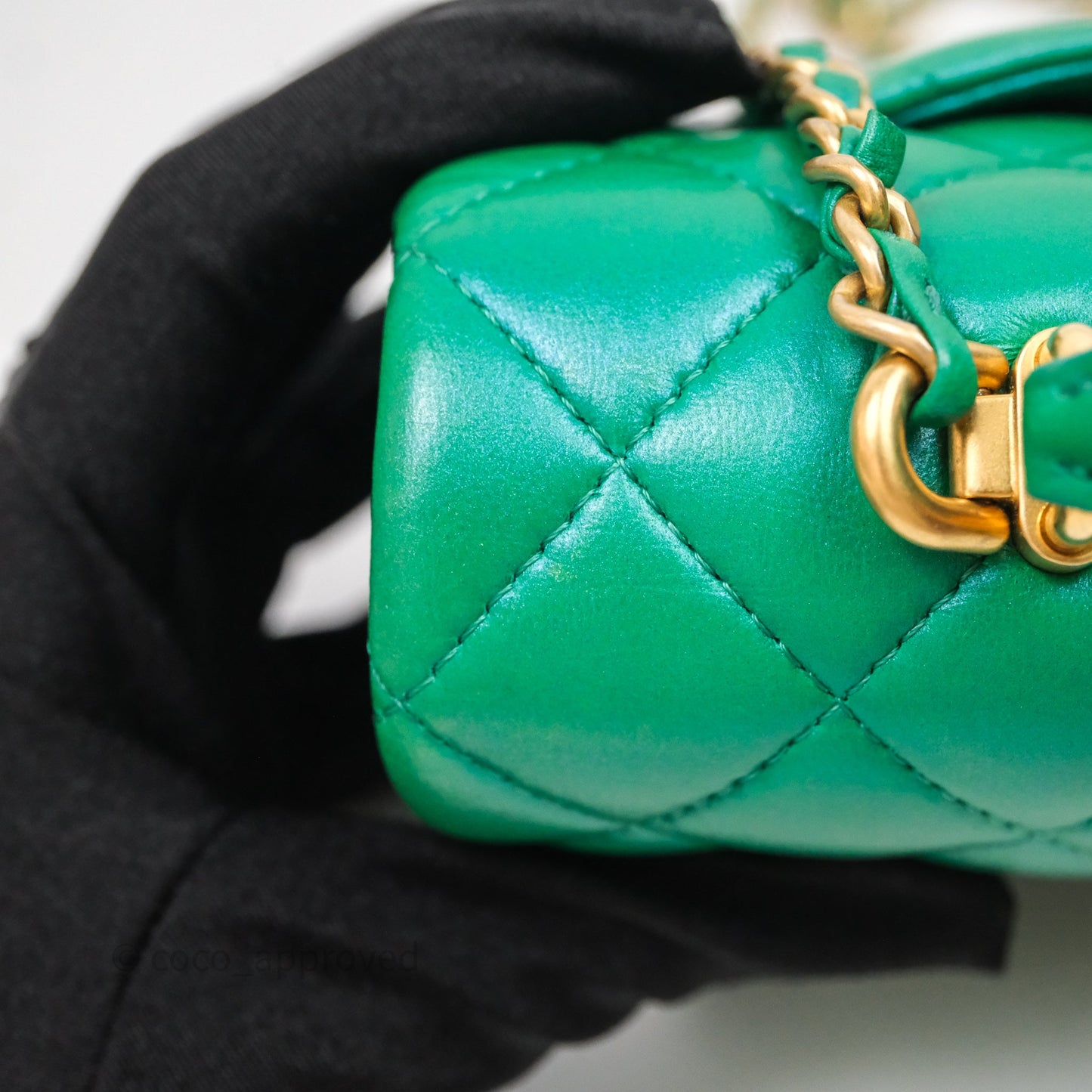 Chanel Top Handle Mini Rectangular Flap Bag Iridescent Green Lambskin Aged Gold Hardware