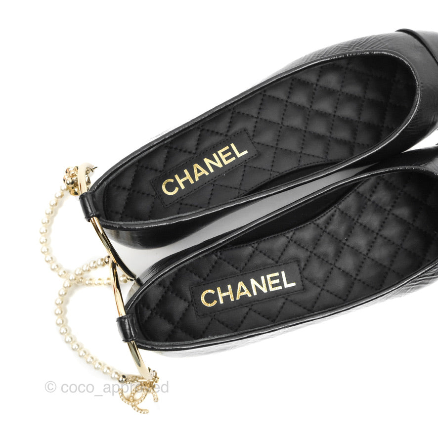 Chanel Ankle Pearl Flat Ballerinas Black Lambskin 23C Sizes 37