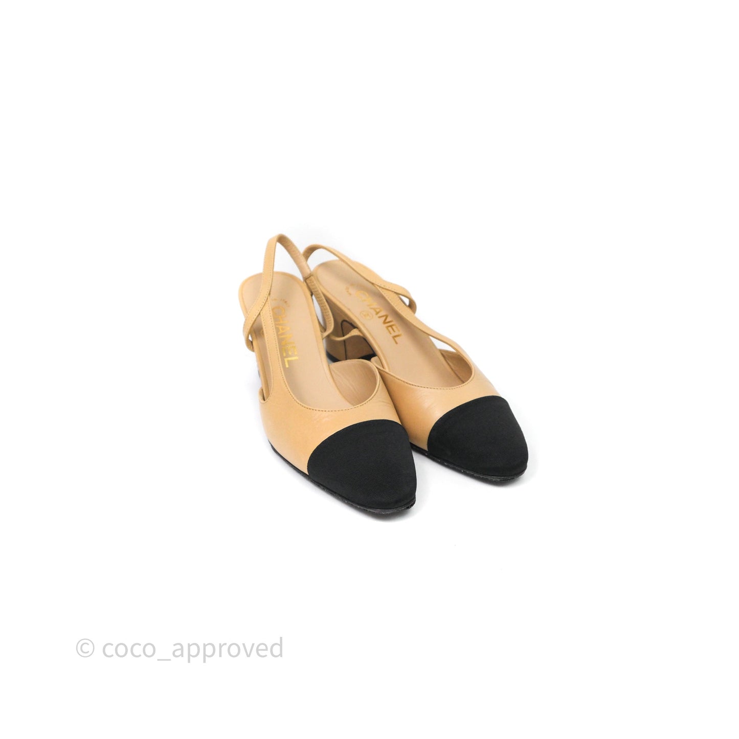 Chanel Classic Slingback Beige Black Leather Size 36
