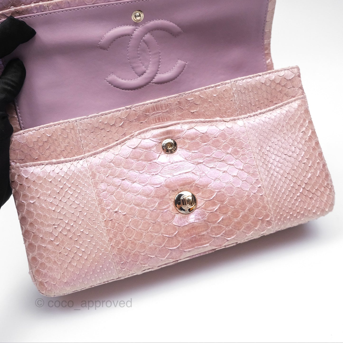 Chanel Classic M/L Medium Flap Quilted Iridescent Pink Python Gold Hardware