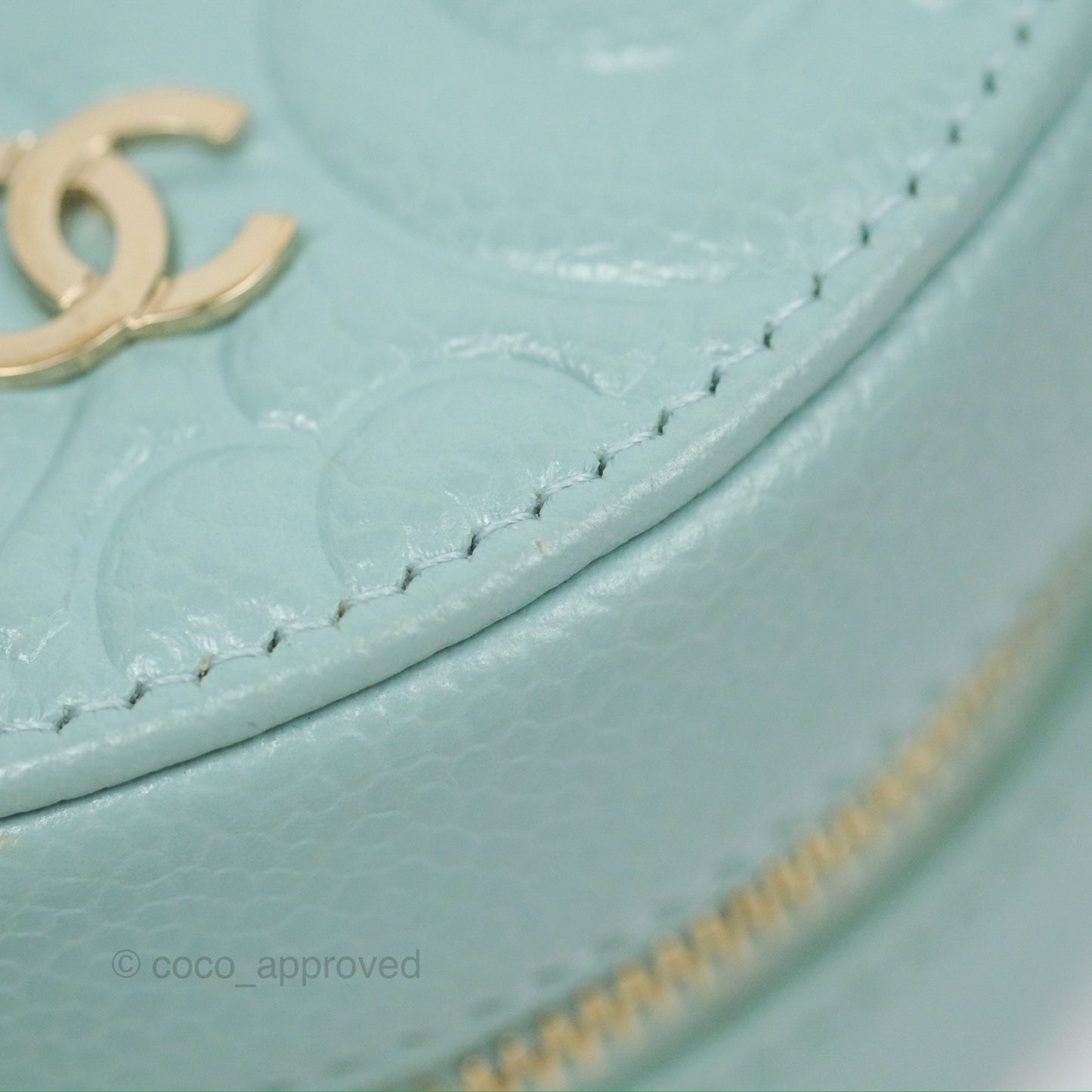 Chanel Camellia Embossed Round Clutch With Chain Light Tiffany Blue Caviar