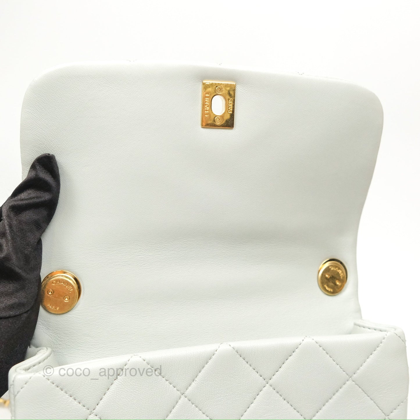 Chanel Chain Handle Flap Light Grey Calfskin Aged Gold Hardware