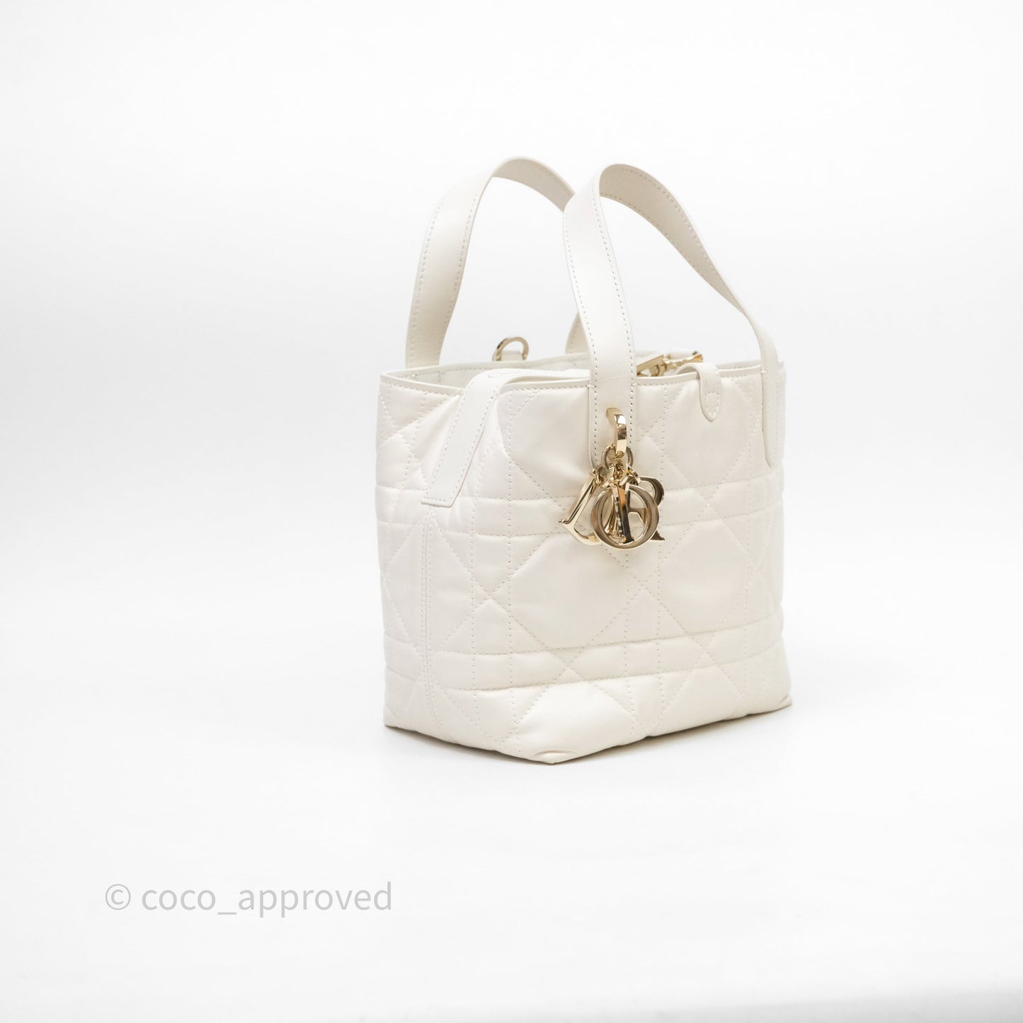 Christian Dior Small Toujours Vertical Tote Bag Latte Macrocannage Calfskin Gold Hardware