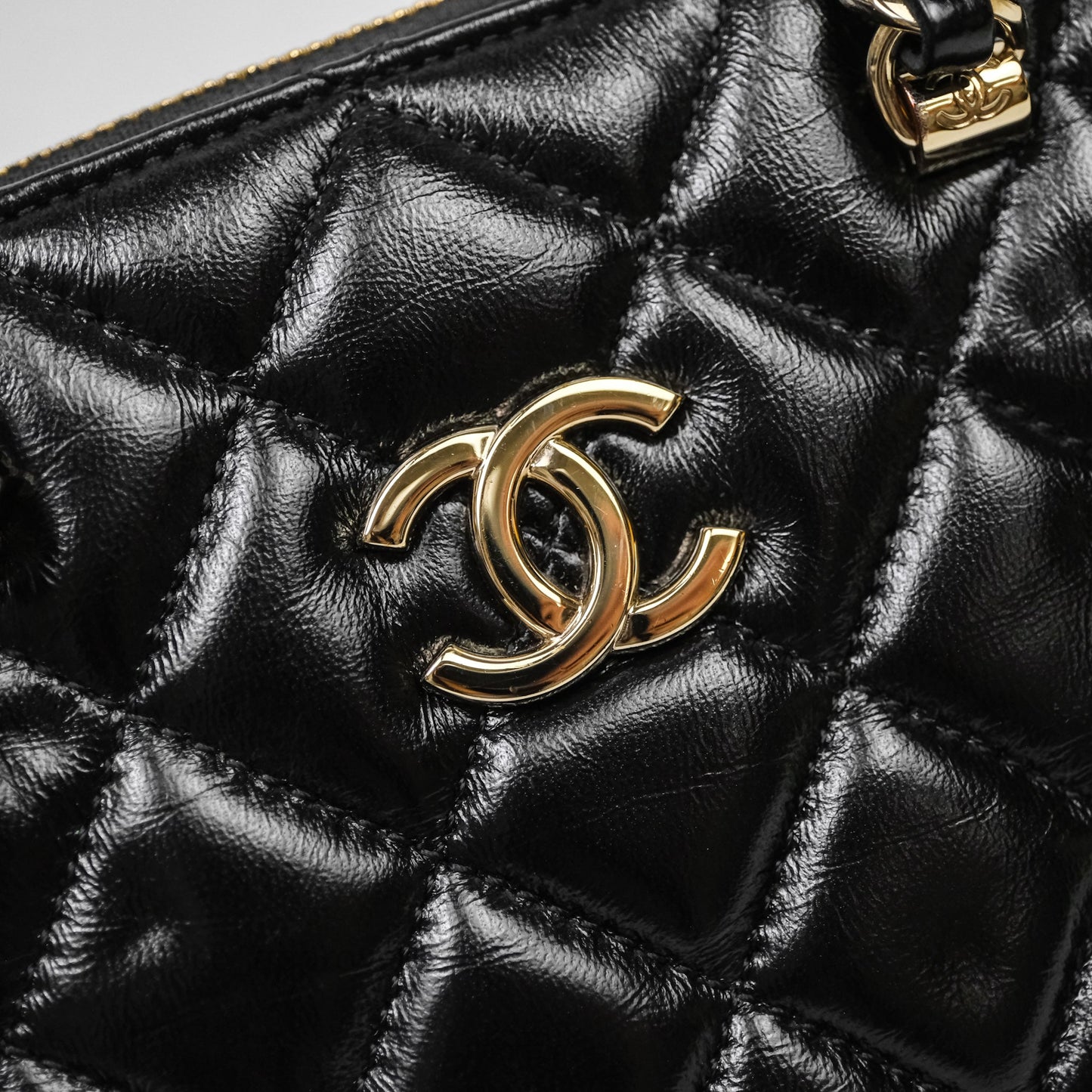 Chanel Handle Clutch with Chain Black Shiny Lambskin Gold Hardware
